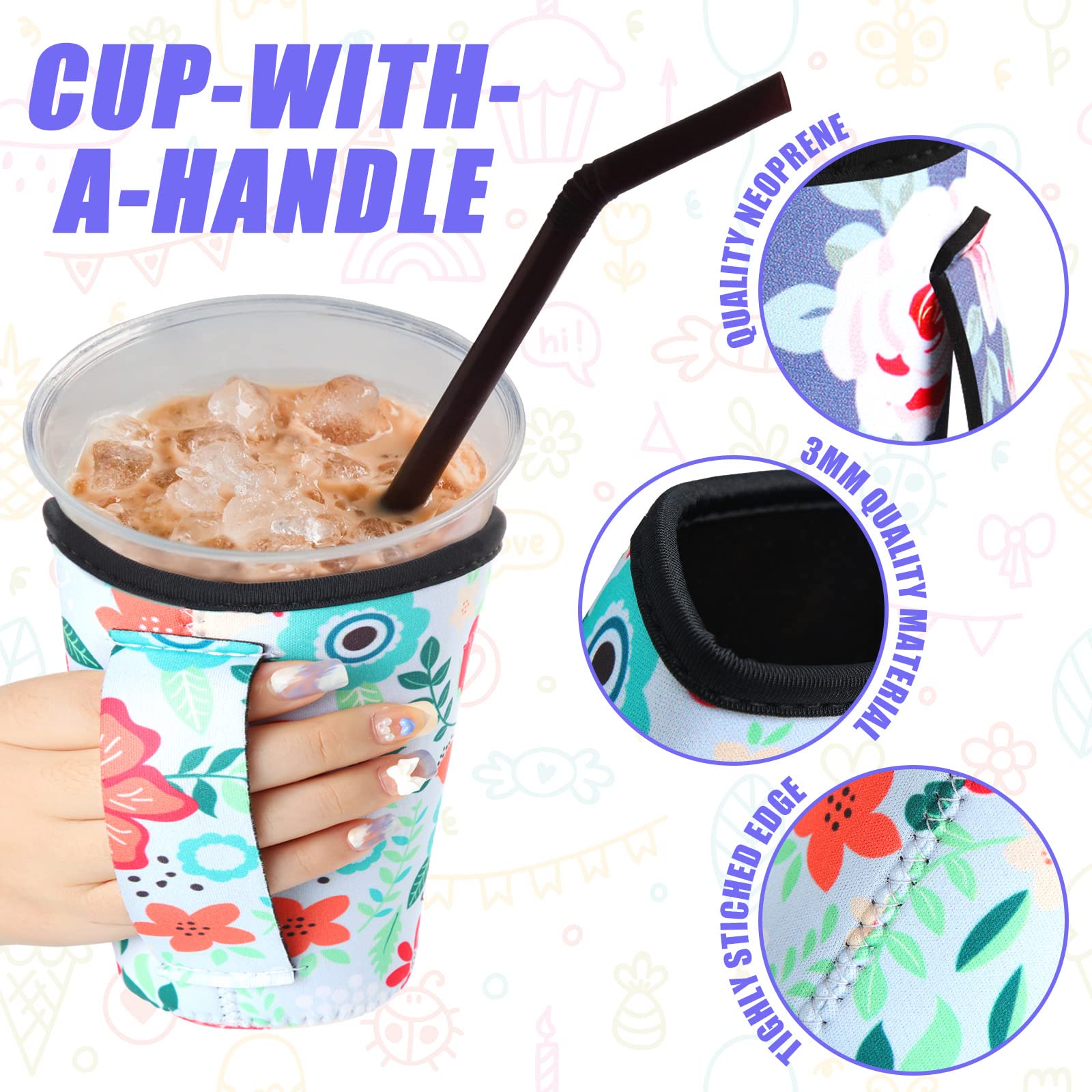 Chengu 5 Pack Iced Coffee Sleeve Flower Patterned Insulator Sleeves Reusable Sleeves For Coffee Neoprene Cup Holder For Cold Dri