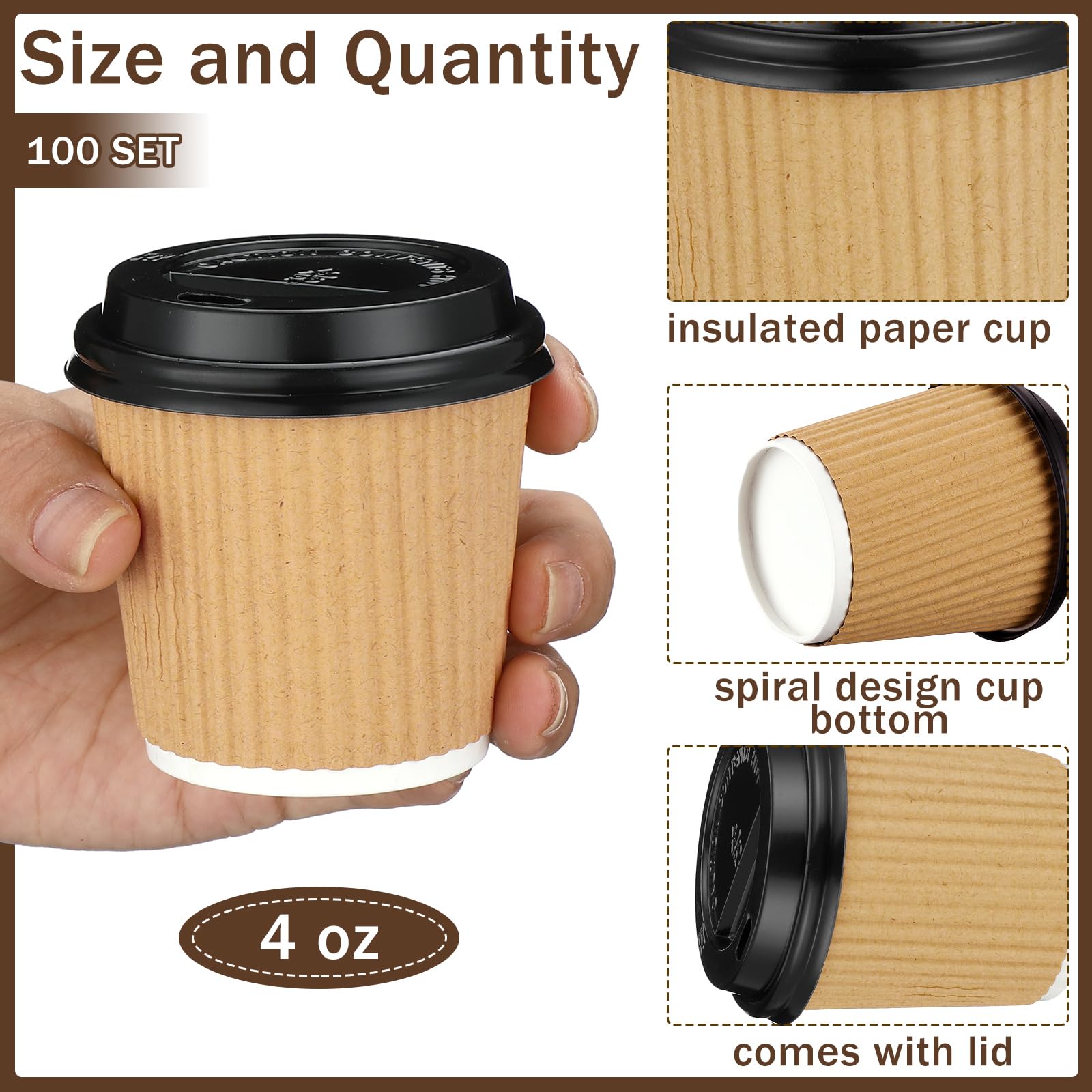Uiifan 100 Set 4Oz Disposable Espresso Cups With Lids Ripple Corrugated Paper Disposable Coffee Cups Insulated Hot Cups Ripple C