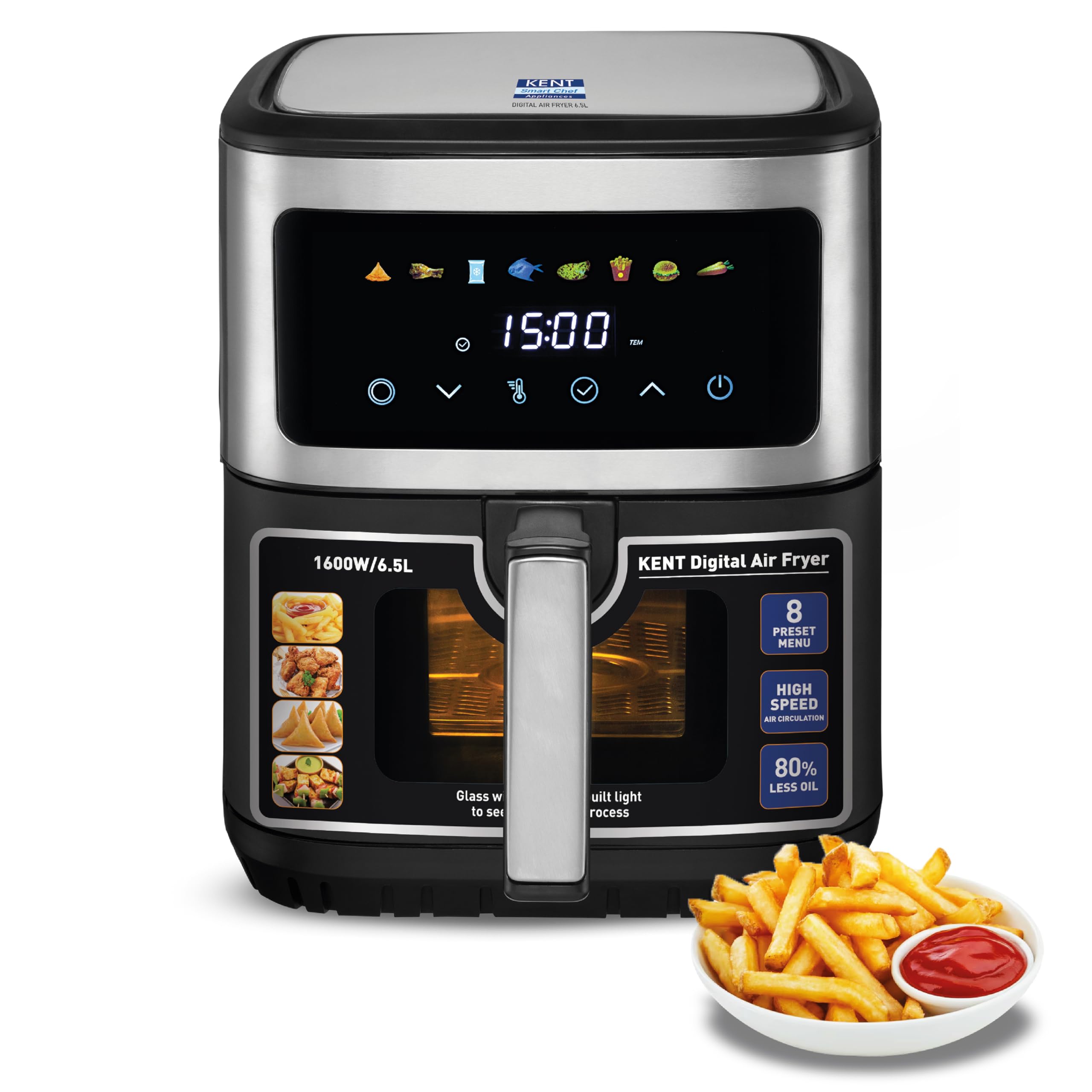 Kent Digital Air Fryer 6.5L,1600W,Bake,Grill & Roast,Up To 80% Less Oil Usage,Rapid Heat Circulation,8 Preset Menu,Digital Displ