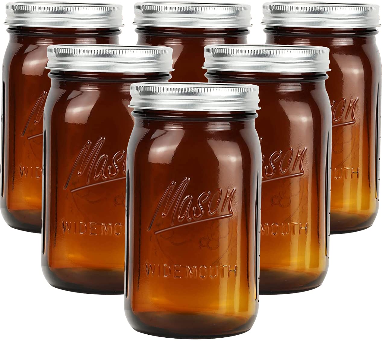 Polytun Amber Glass Mason Jars 32 Oz Wide Mouth With Airtight Lids And Bands 6 Pack, Amber Clear Glass Canning Mason Jars, Quart