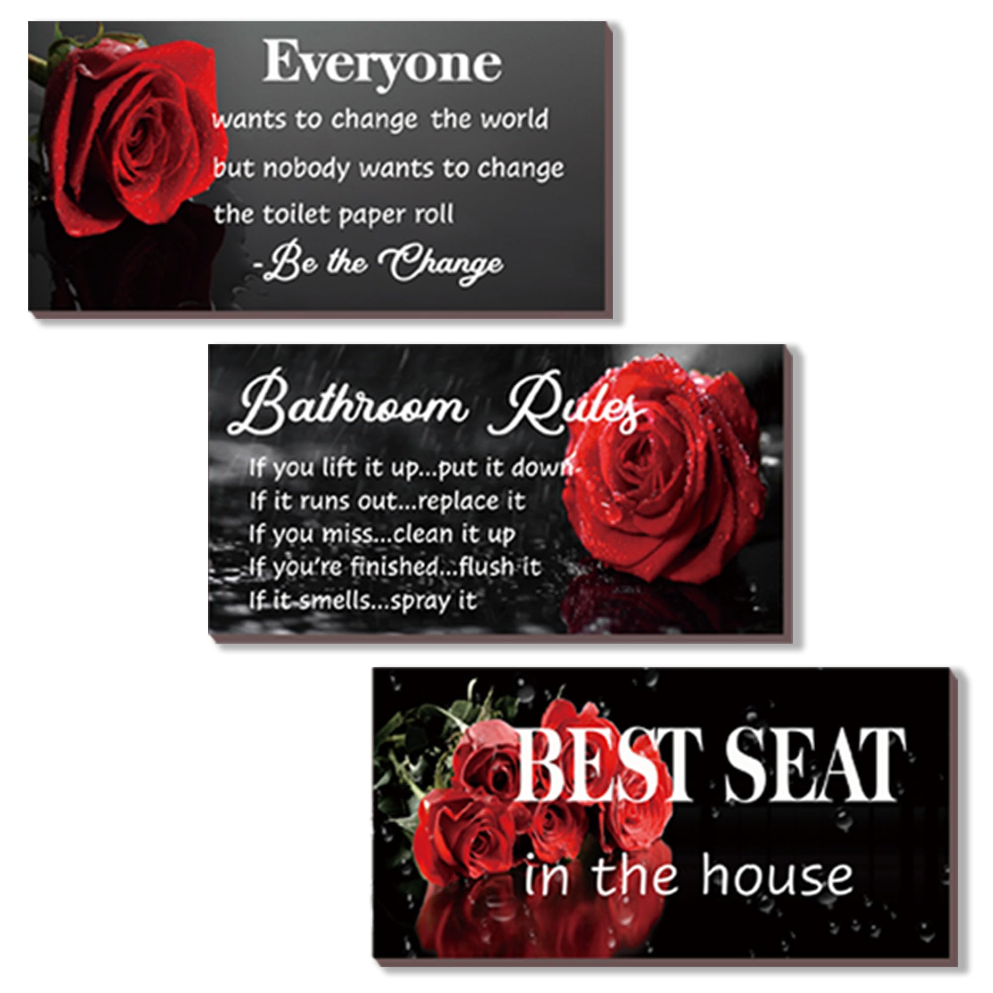 DONFENTHY 3 Pcs Red Bathroom Rules Decor Rustic Farmhouse Wooden Best Seat in The House Rose Hanging Wall Art Toilet Bathroom Ac