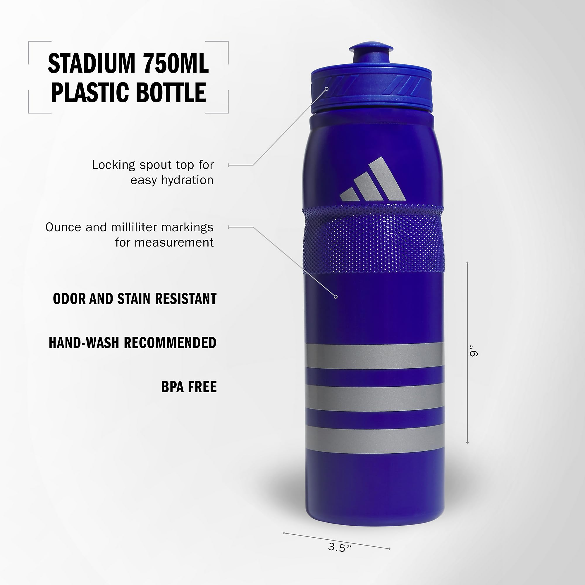 Adidas 750 Ml (28 Oz) Stadium Refillable Plastic Sport Water Bottle, Bold Blue/Grey/Bold Blue, One Size