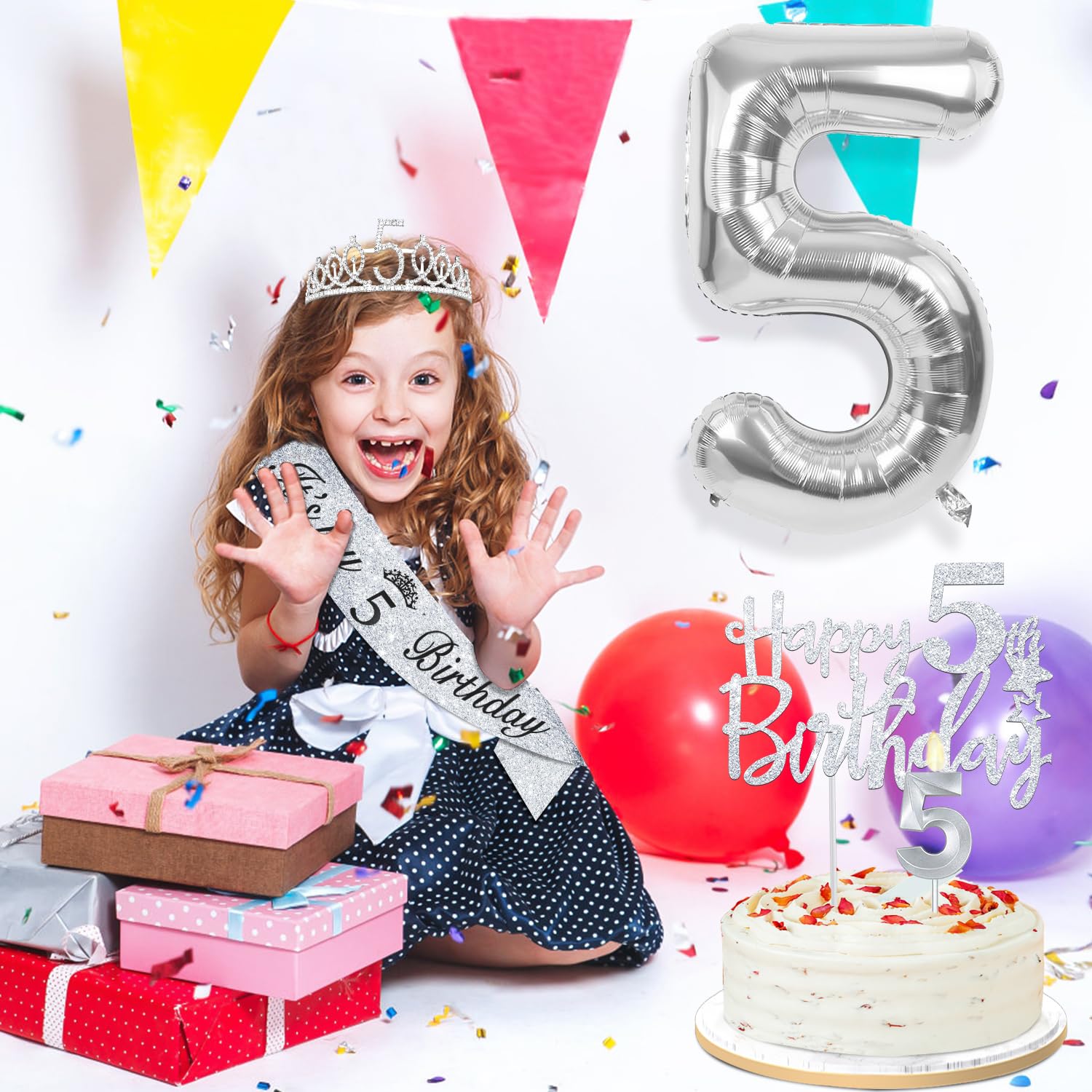 5th Birthday Decorations for Girls Silver with 5th Birthday Sash and Tiara, Cake Topper and Candle, Silver Number Balloon, 5 Yea