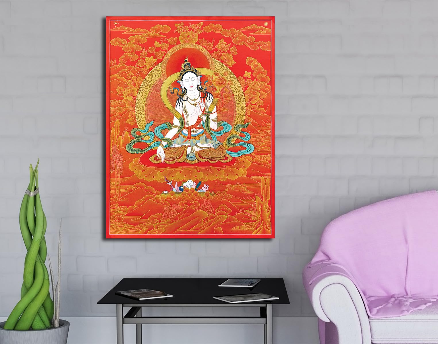Namaste Home - Canvas Painting - White Tara Buddha - Thangka Art - Tibetan Art - Wall Art for Living Room Decoration (Unframed,