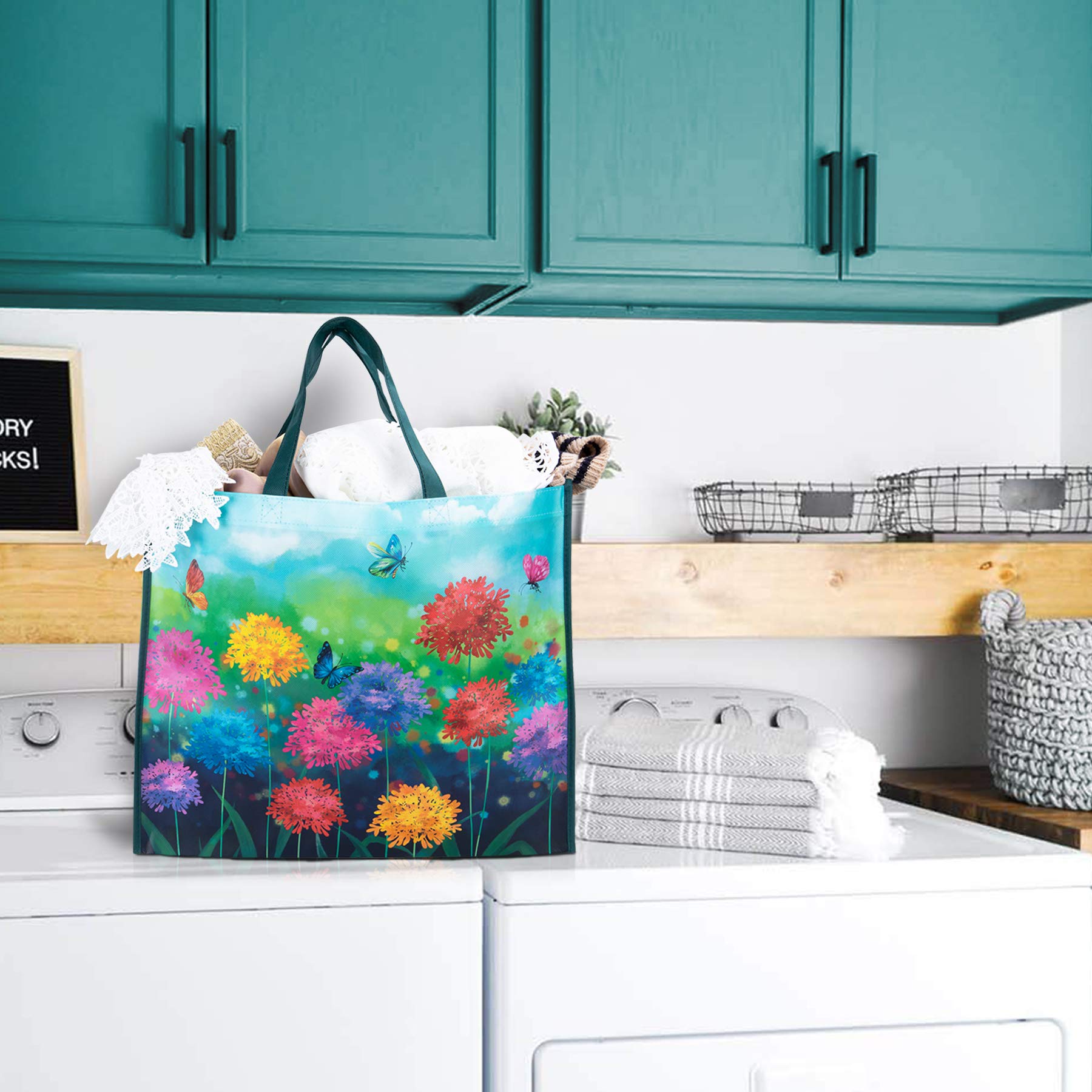 Nymphfable 6 Pack Grocery Bags Reusable Butterflies Colorful Flowers Shopping Bags Washable Foldable Tote Bag 50Lbs