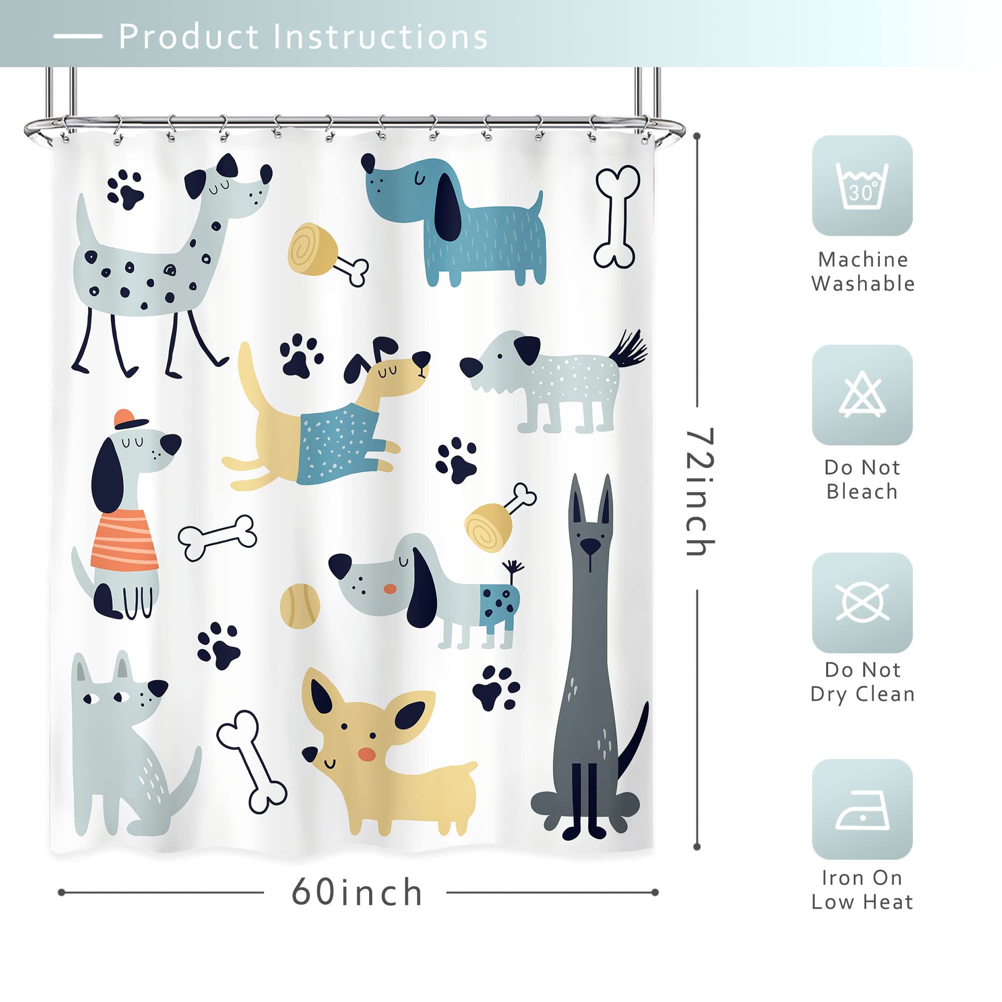 Riyidecor Cute Dogs Shower Curtain 60Wx72H Inch Funny Lovely Cartoon Animal Paw Print Bones Childish Puppy Pets For Kids Girl Bo