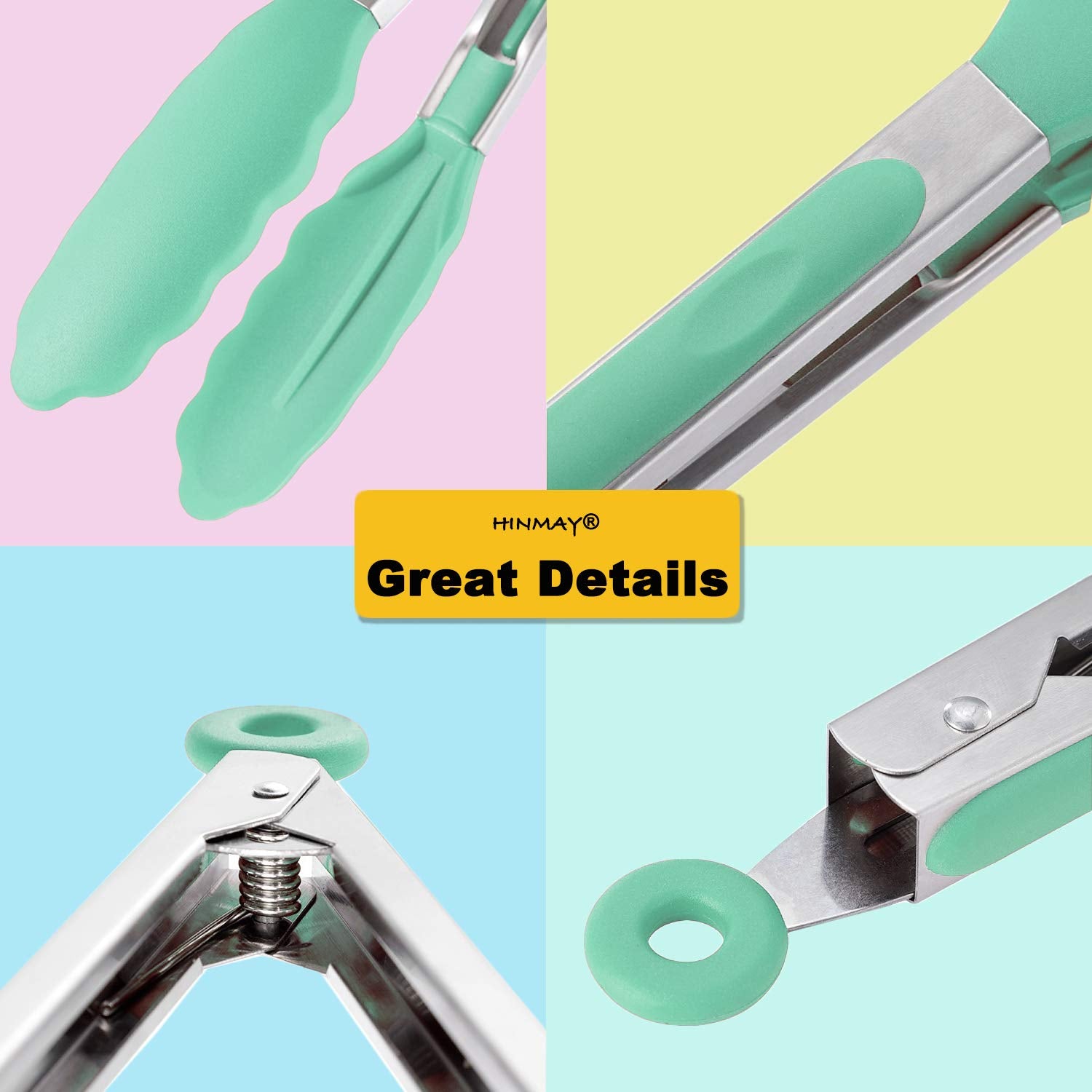 Hinmay Kitchen Cooking Tongs With Silicone Tips 9-Inch Food Tongs, Set Of 3 (Mint)