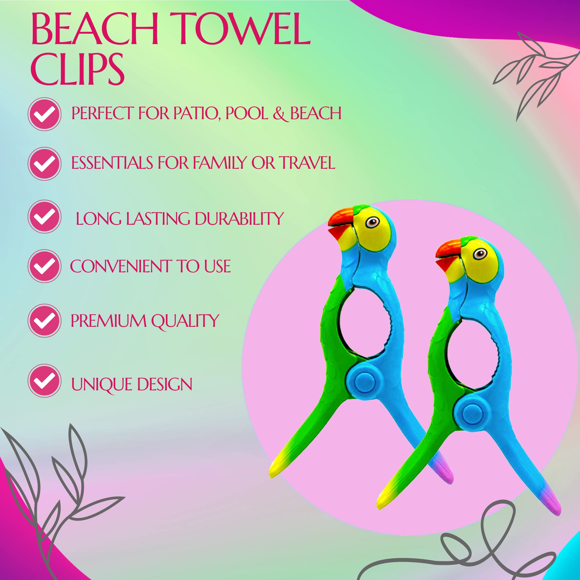Performore 2 Pack Of Parrot Beach Towel Clips, Portable Towel Holder Clips, Secure Clips For Beach Chairs Deck Patio Pool Boat C