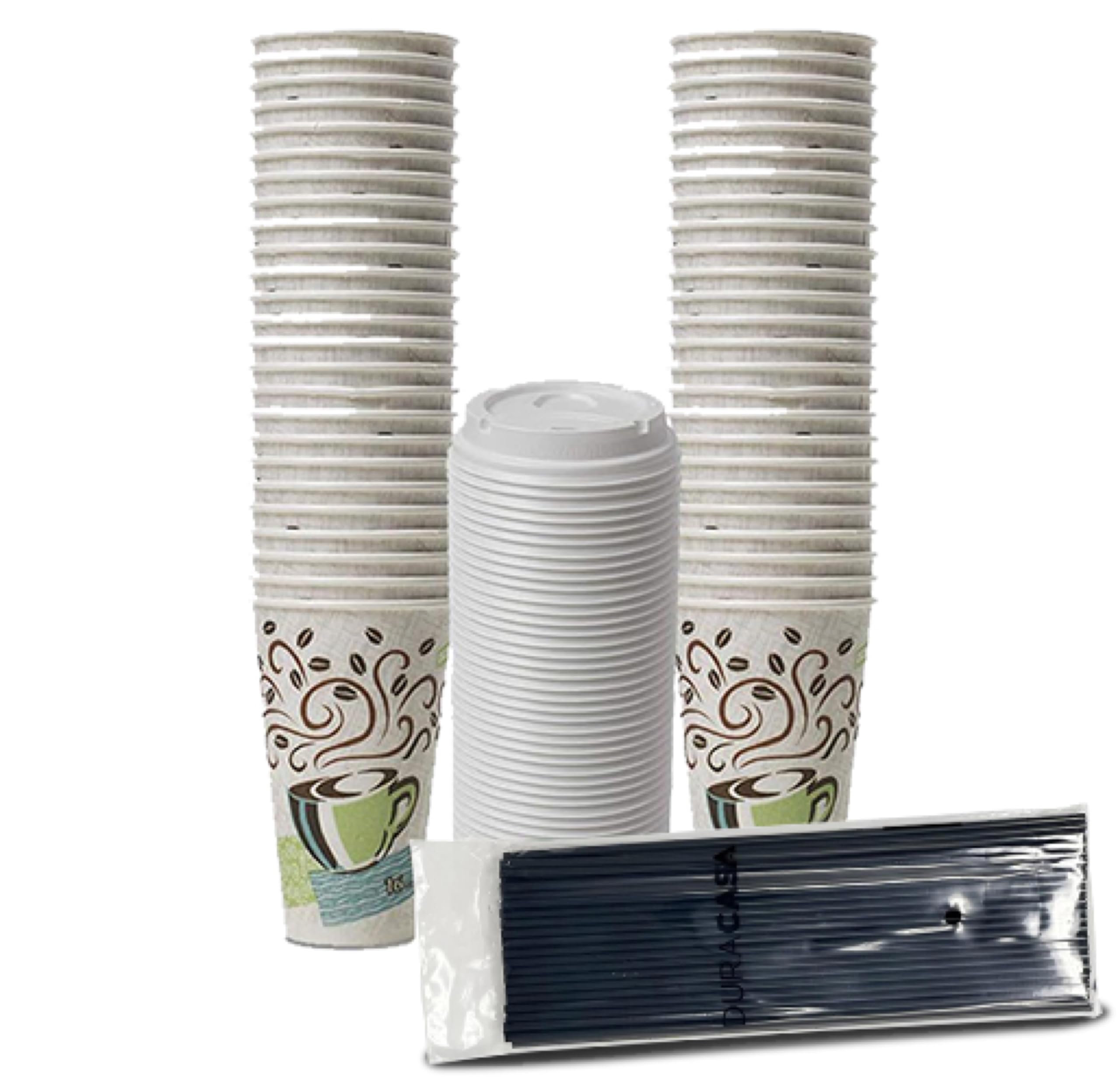 Duracasa Dixie Perfectouch Wisesize Coffee Design Insulated Paper Cup, 12Oz Cups, Lids Drinking/Stirring Straws Bundle (12 Oz, 5