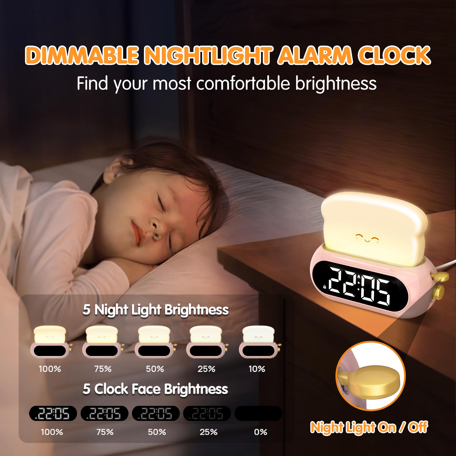 Cute Digital Clock for Bedrooms, Kids Alarm Clocks with Night Light Lamp, 10 Alarm Tones, Adjustable Brightness, Nap Timer, Snoo