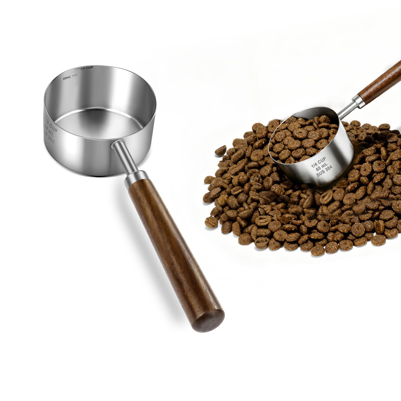 Aosnare Stainless Steel Dog Food Scoop, Dog Food Measuring Cup With Measuring Lines (Cup/ML) & Long Wooden Handle, Metal Pet Foo