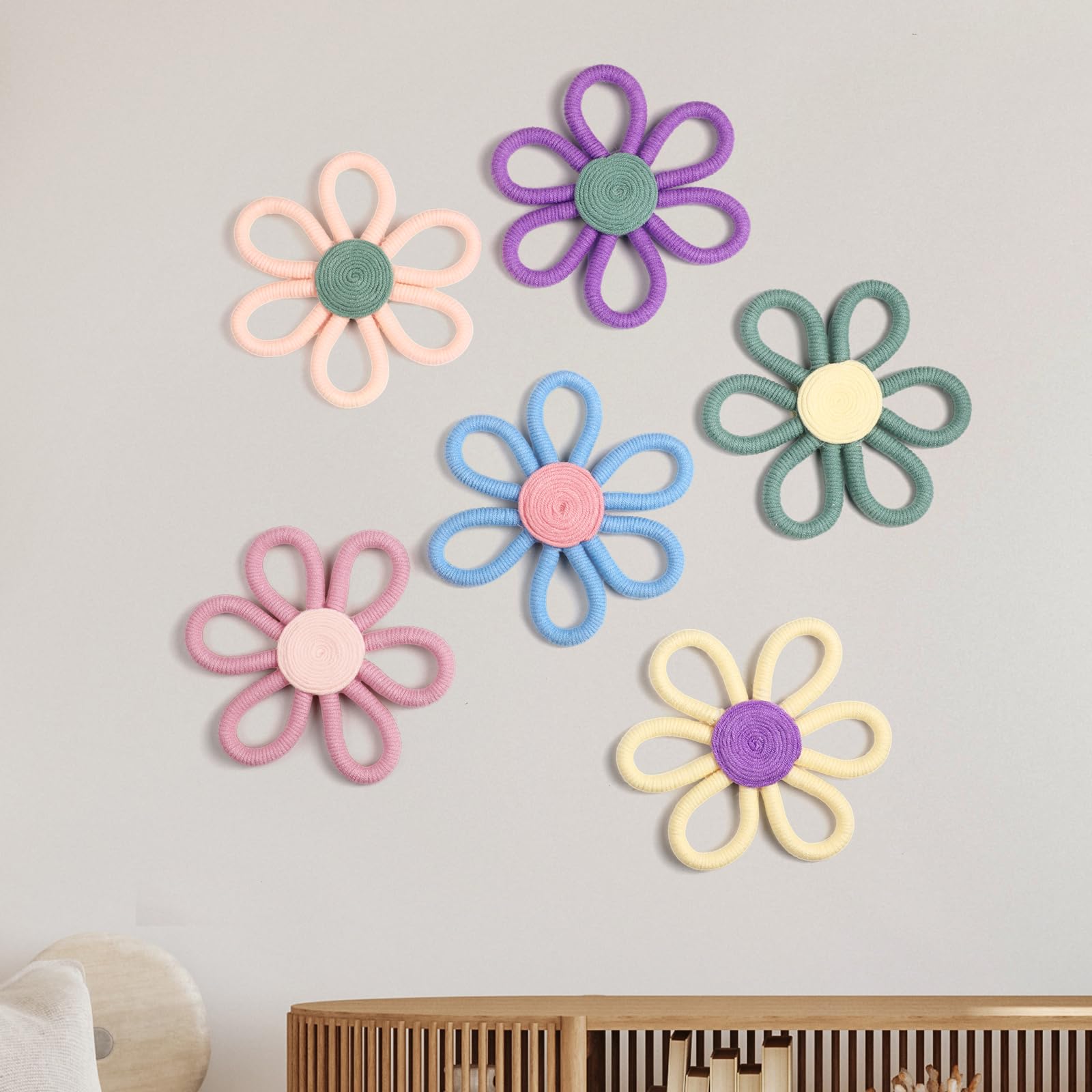 Ripeng 6 Pcs Boho Nursery Decor Flower Daisy Wall Art 6 Inch Woven Macrame Wall Hanging Bohemian Flower Decor Daisy Nursery for 
