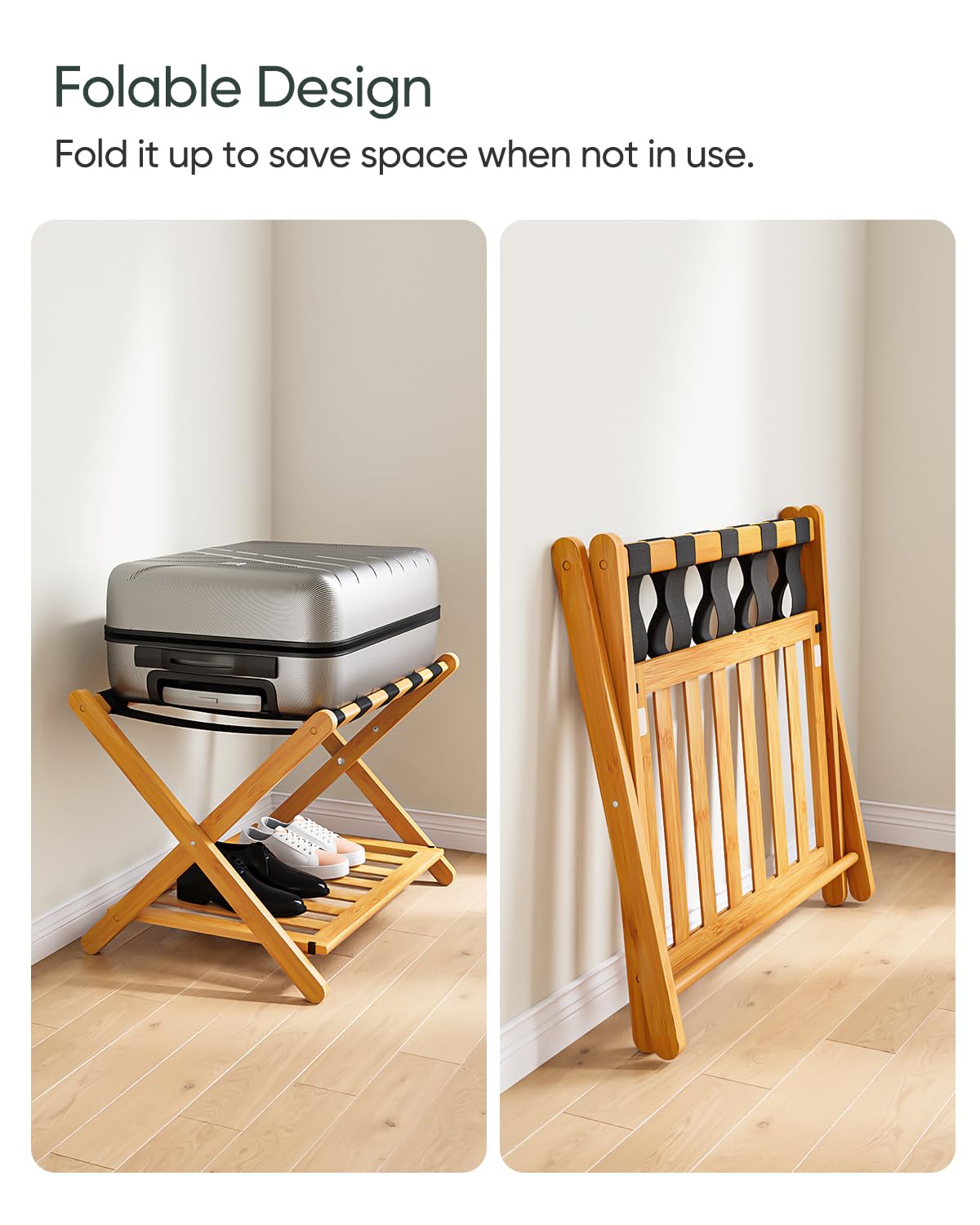 Smart Fendee Fully Assembled Honey Oak Bamboo Luggage Racks, 5 Nylon Straps Foldable Suitcase Stand, Luggage Holders With Shoe S