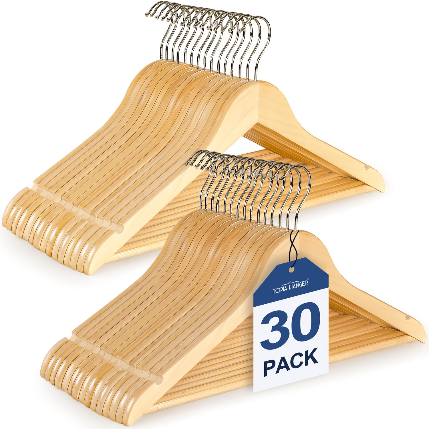 Topia Hanger Wooden Hangers 30 Pack, Natural Wood Clothes Hangers, Durable Coat Hanger With 360-Degree Rotatable Hook, Non-Slip