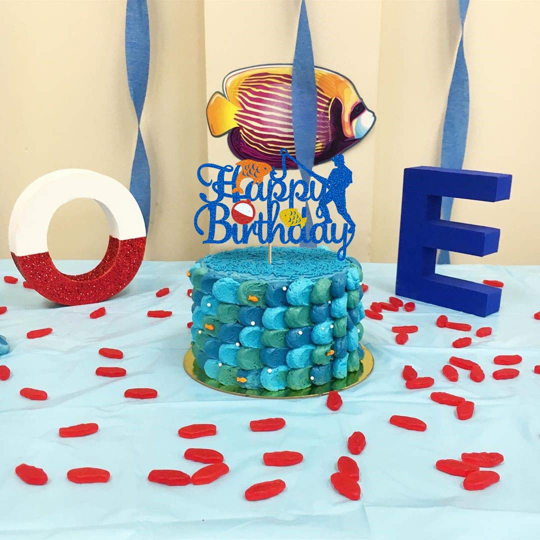 Glorymoment Fishing Cake Toppers Birthday, Glitter Blue Bobber Cake Topper, Fisherman Cake Topper Birthday Fishing Themed Party