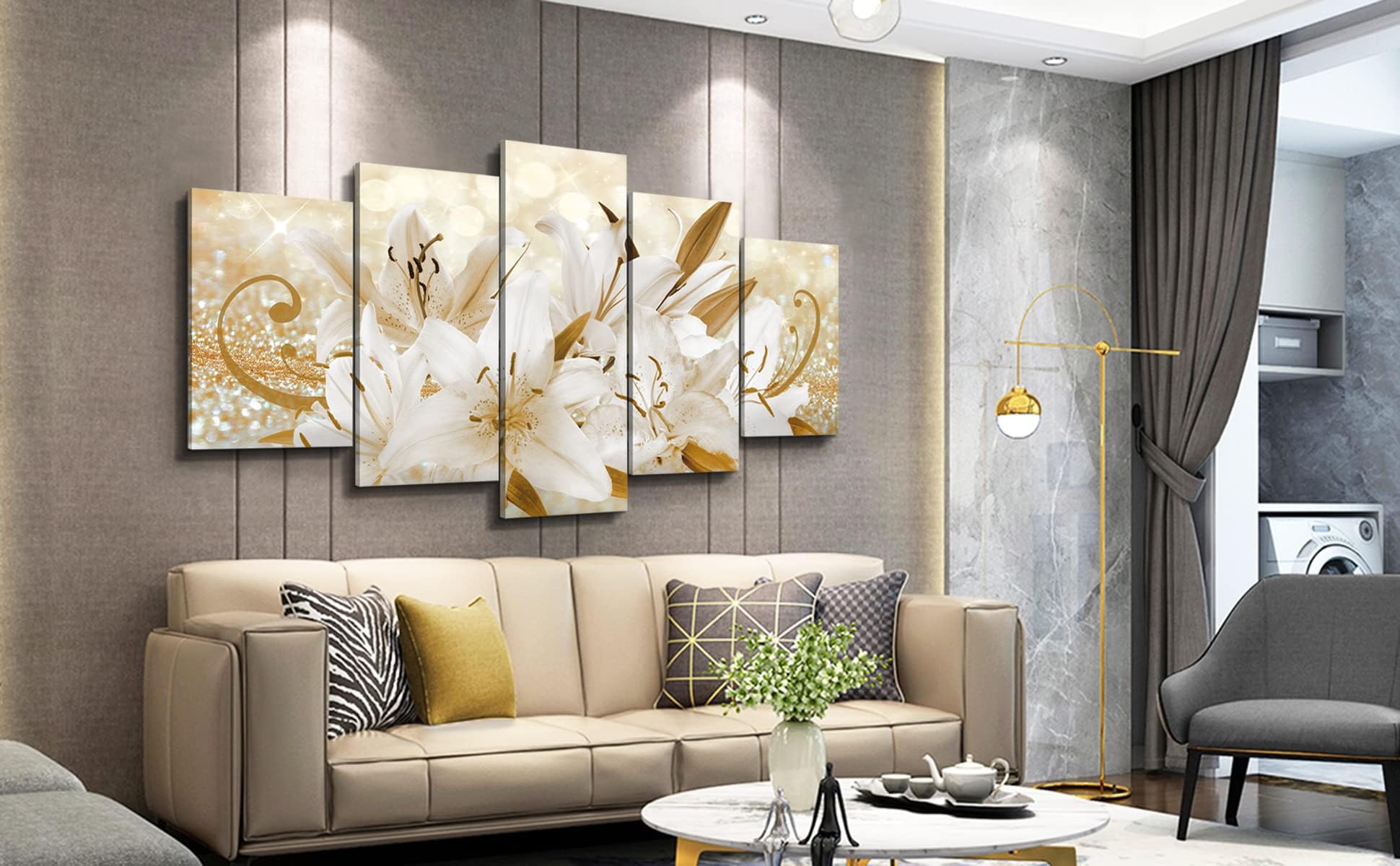 Luduhu Golden Orchid Flowers Canvas Print - Abstract Floral Wall Art Painting Decor For Home Decoration Artwork Picture Bedroom