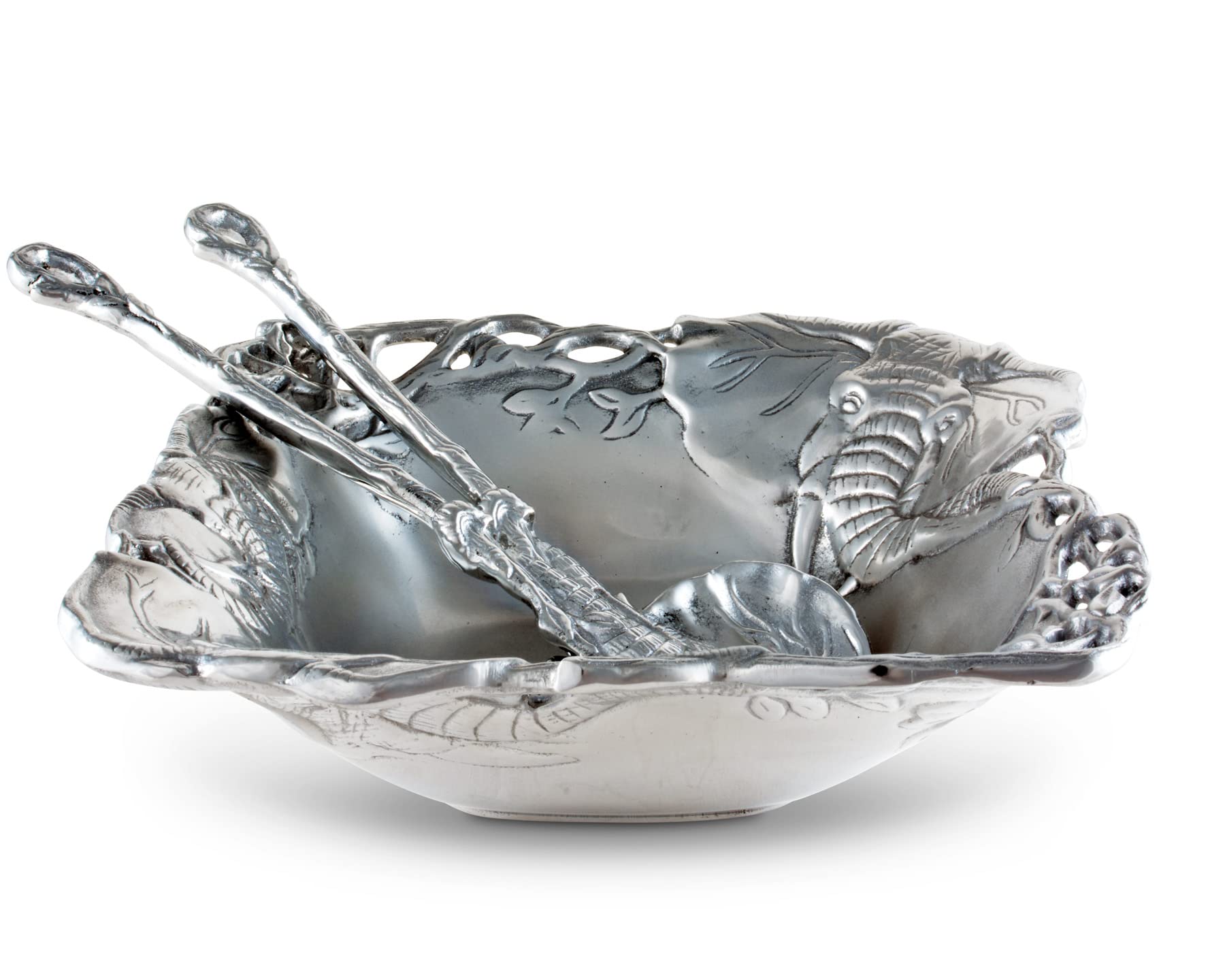 Arthur Court Designs Aluminum Metal Elephant Salad/Fruit Serving Bowl And Food Servers Set 3- Piece Servers And Bowl 9.75 Inch D