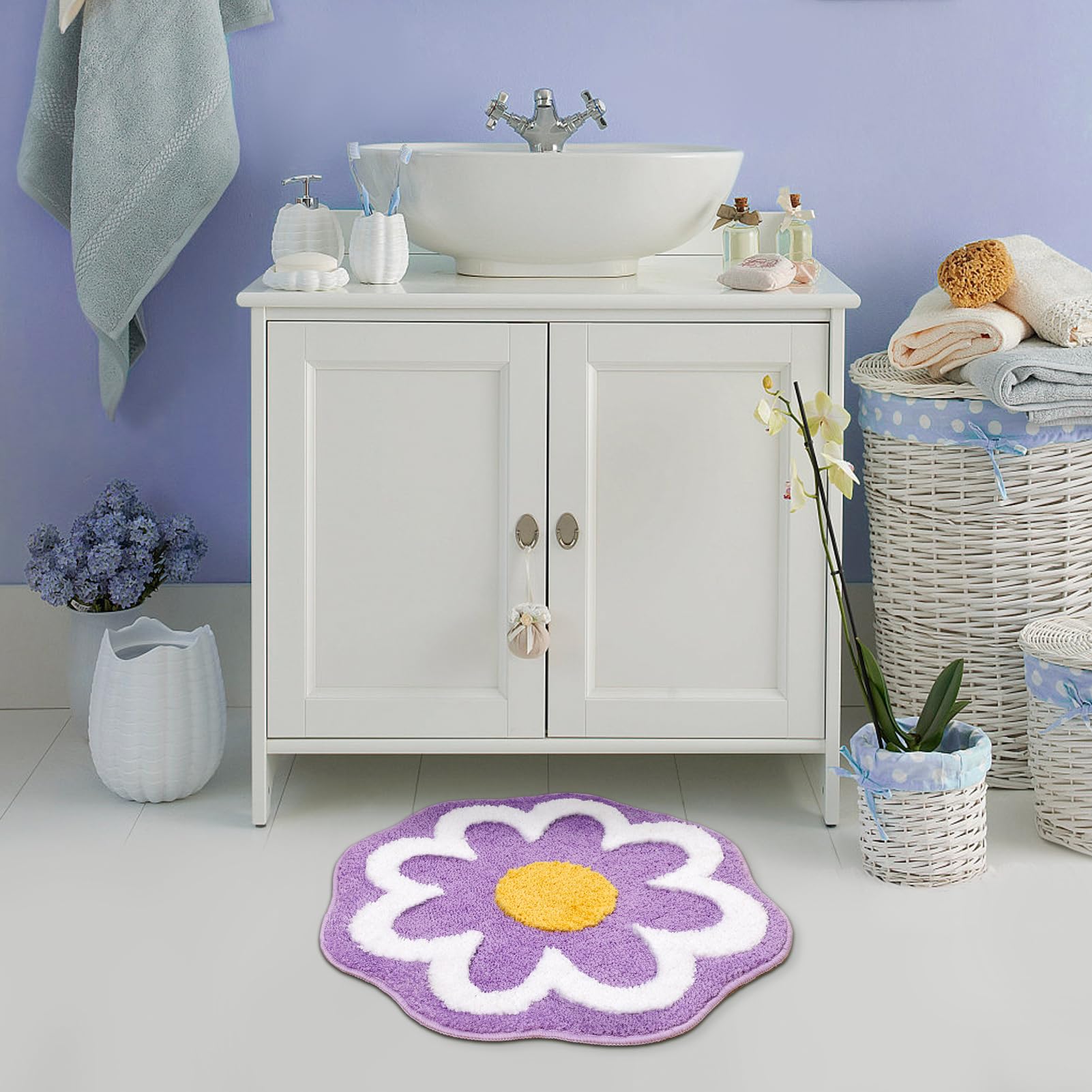 Truedays Bathroom Rugs Cute Bath Mat For Women Small Water Absorbent Non Slip Bath Rug Purple Flower Soft Microfiber Washable Ba