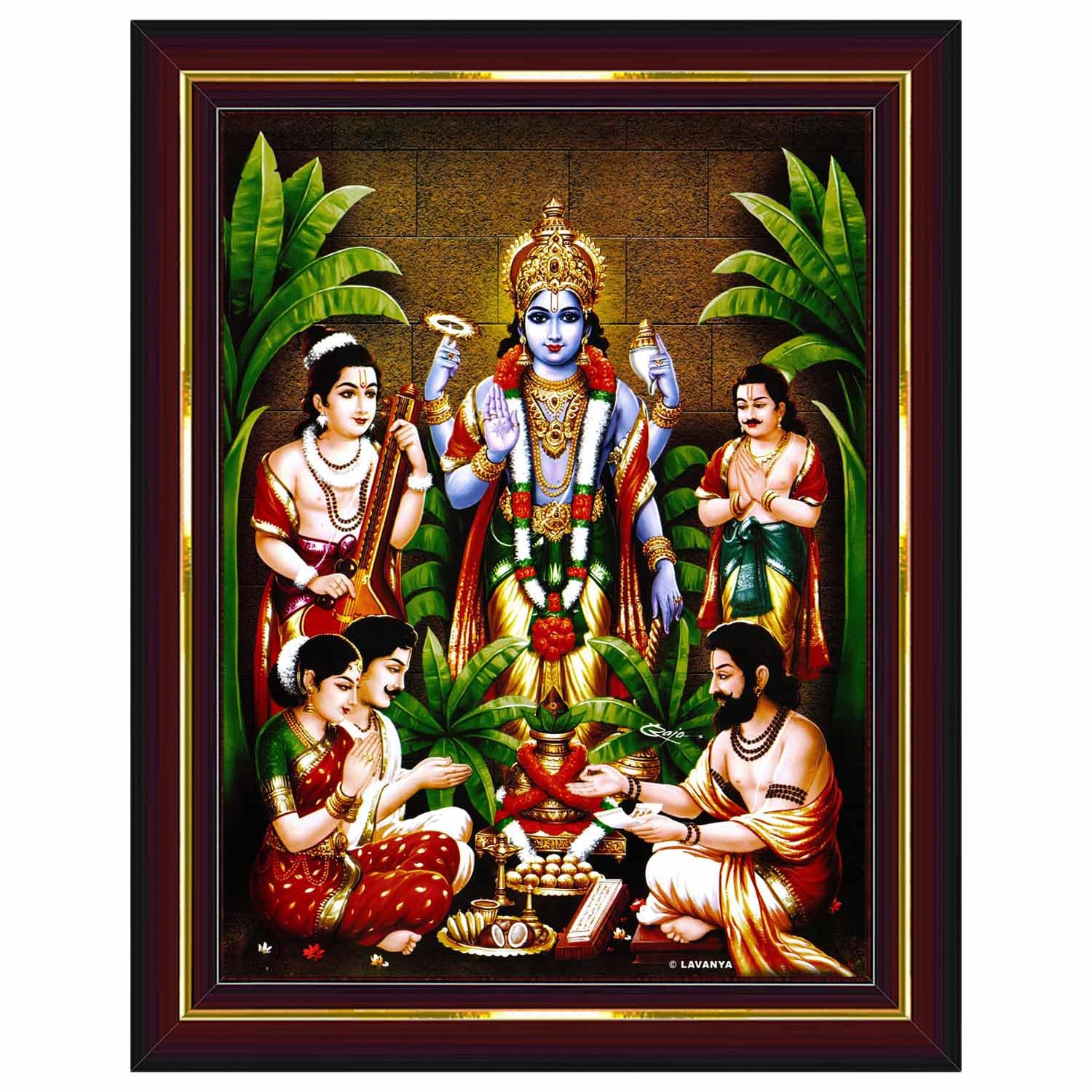 Pavan Photo Laminations Lord Satyanarayana Swamy Bhagwan Satyanarayan Wall Painting Framed Home Decor (Wood,Matte,Brown,Big Size