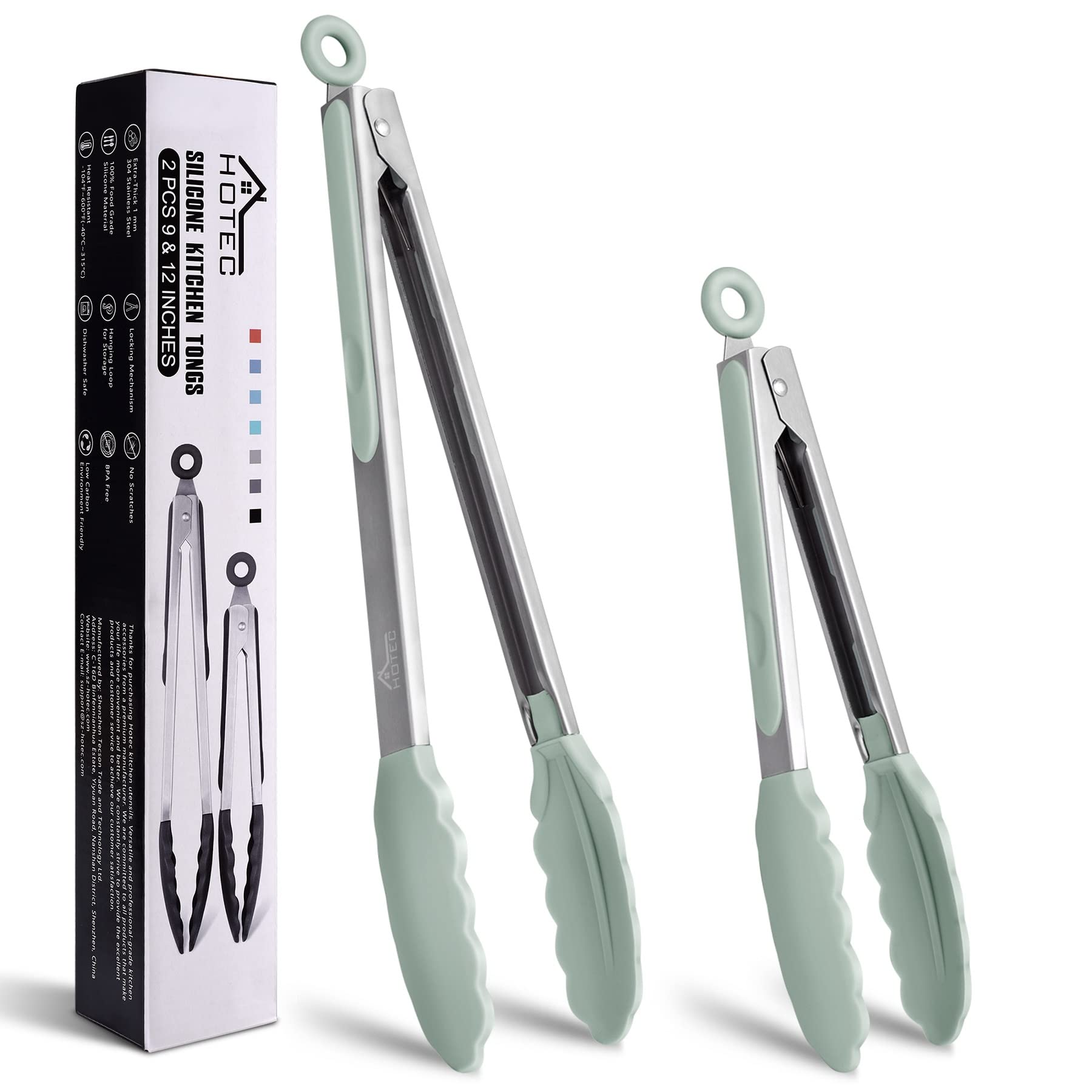 Hotec Premium Stainless Steel Locking Kitchen Tongs With Silicon Tips, Set Of 2-9'' And 12'' Light Green