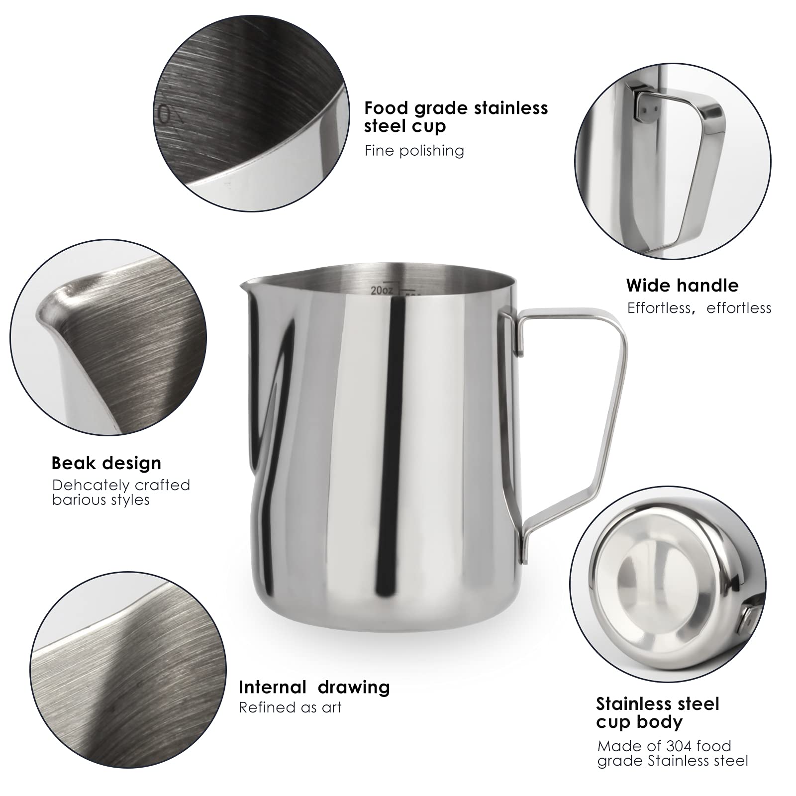 Milk Frothing Pitcher 20Oz(600Ml)Stainless Steel Steaming Pitchers For Espresso Machine Milk Coffee Cappuccino Latte Art Milk Ju