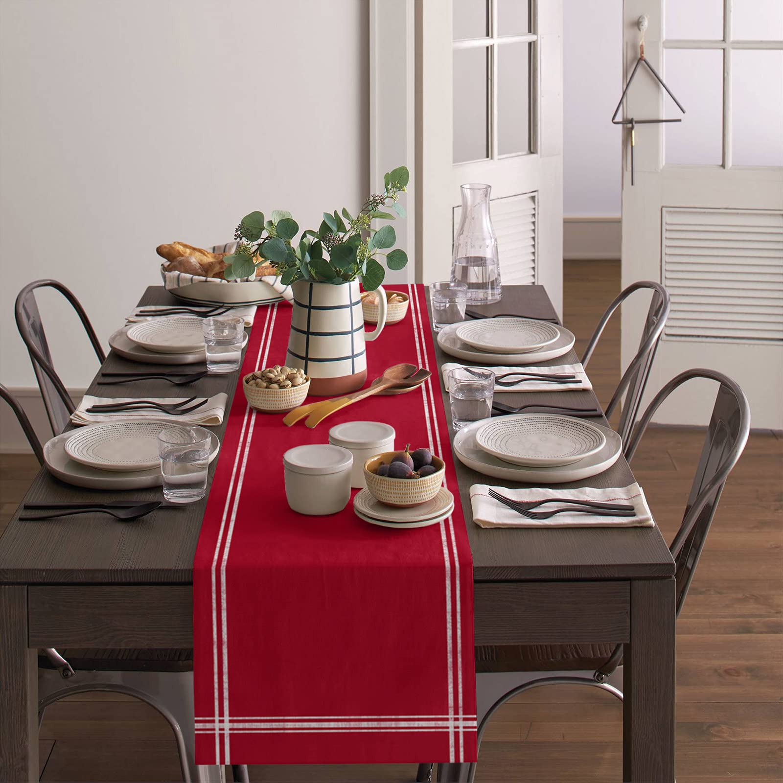 Red Table Runner Dresser Scarves, Farmhouse Red Dining Table Runners 72 Inches Long Linen Stripe Coffee Table Runner,Non-Slip Wa