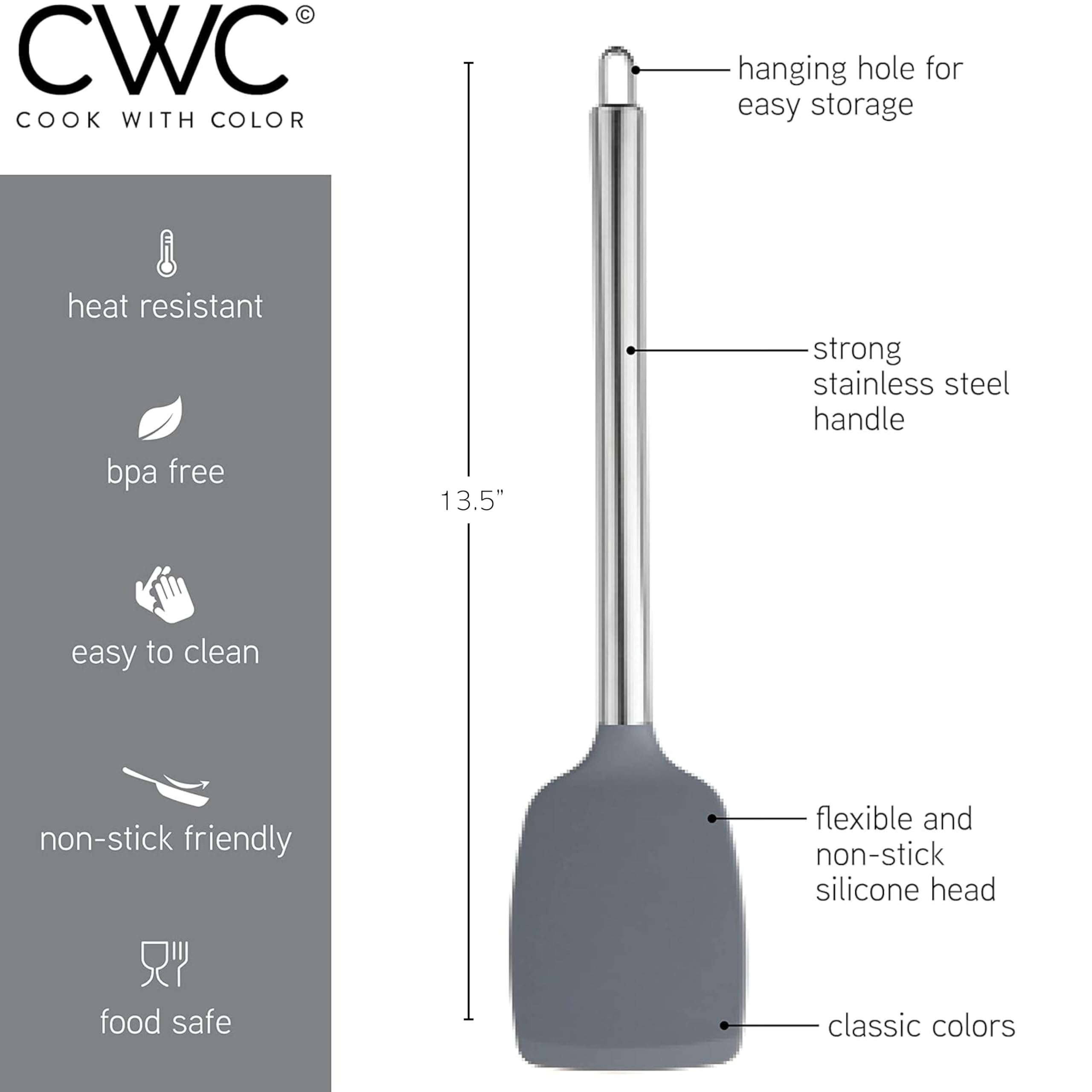 COOK WITH COLOR Silicone Cooking Utensil Set, 10 Pieces, Easy to Clean, Grey Ombre, Model YBSLS10 GRY