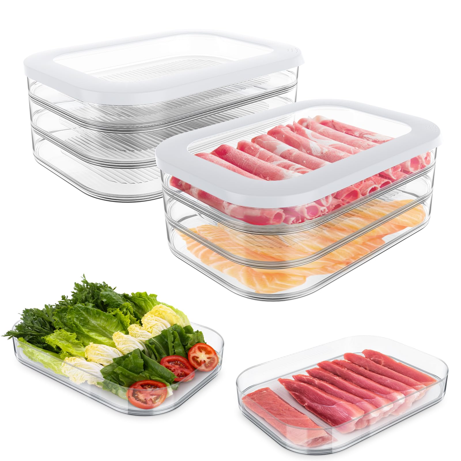 6 Pcs Deli Meat Container For Fridge, Stackable Bacon Lunch Meat Container For Refrigerator, Food Storage Boxes With 2 Lids For 
