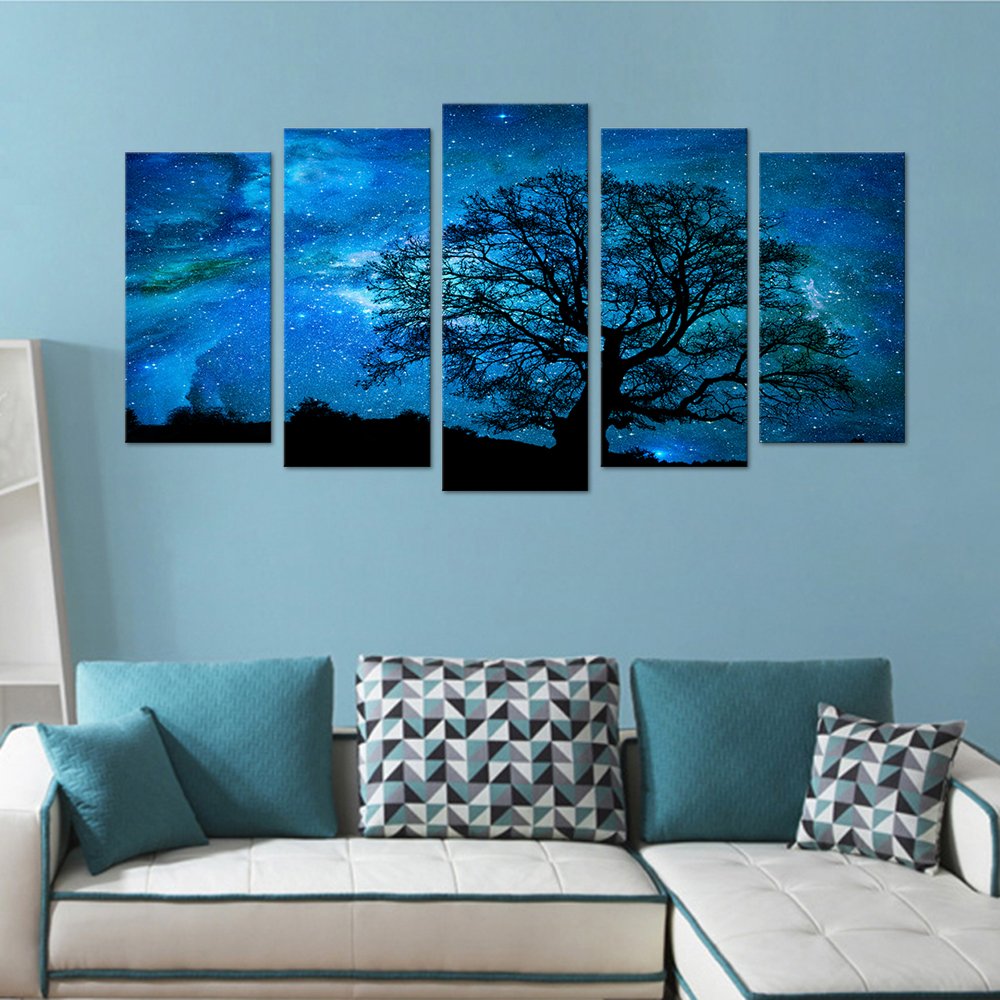 Xlarge Starry Night Canvas Wall Art Black Tree Galaxy Landscape Prints Wall Decal Artwork,Starry Painting Prints For Living Room