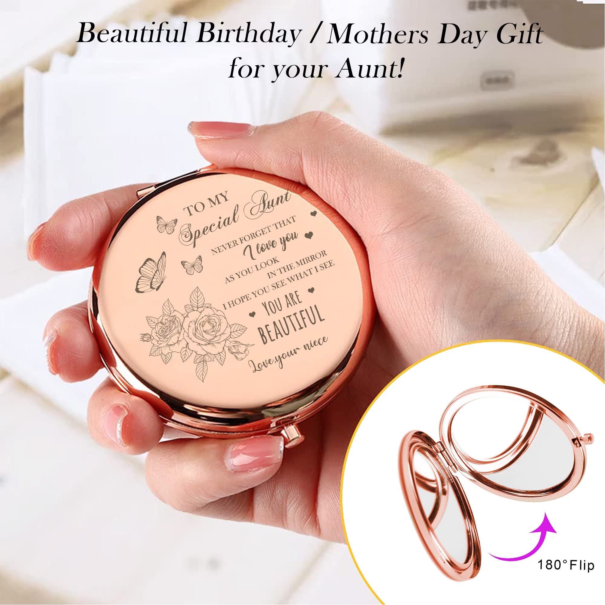 Gaolziuy Compact Mirror Gifts For Aunt, Rose Gold Special Aunt Compact Mirror For Auntie, Birthday Gifts For Aunt From Niece For