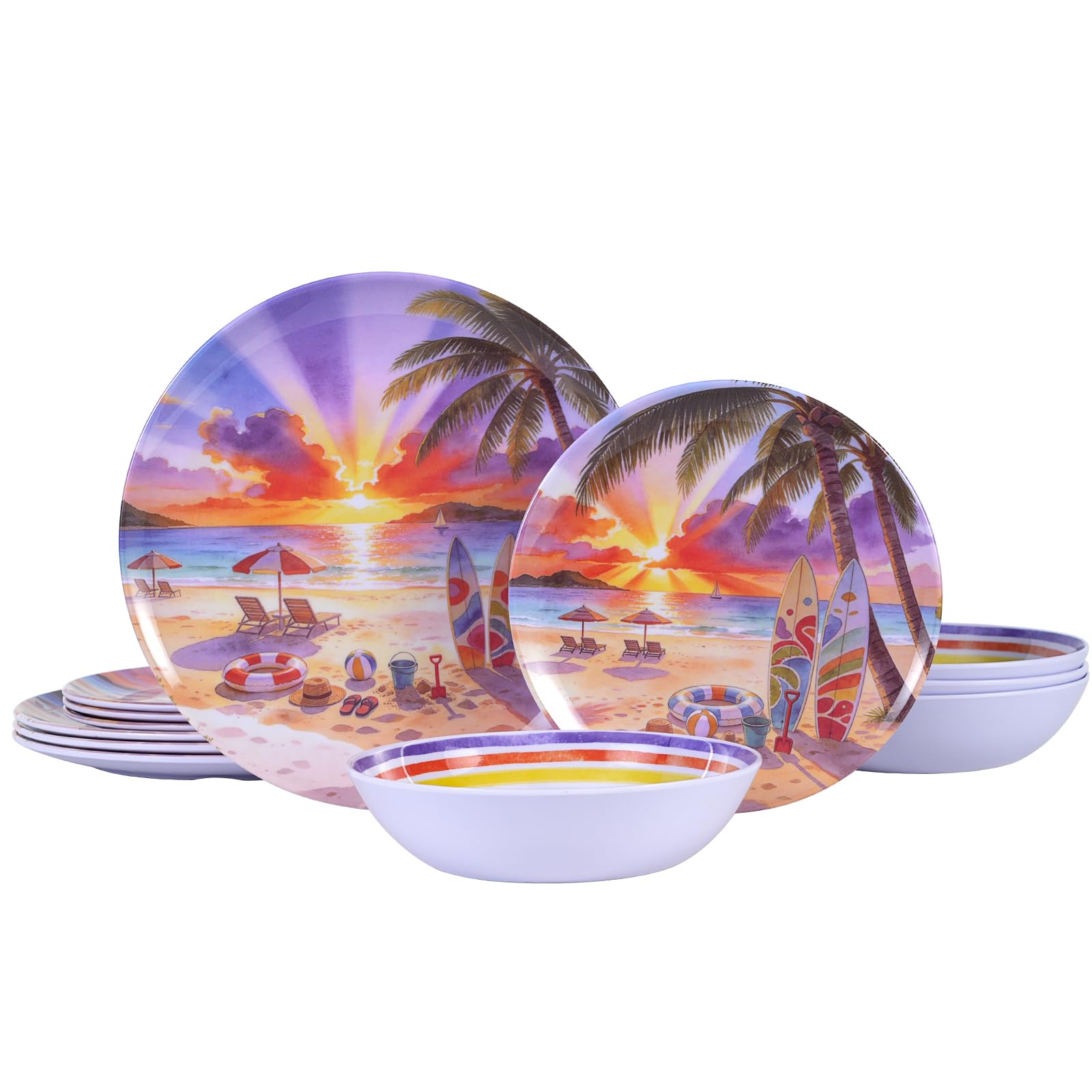 GOFUNFUN 12 Piece Melamine Plates and Bowls Set, Beach Sunset