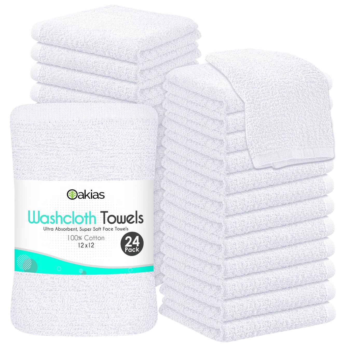 Oakias 100% Cotton Wash Cloths 24 Pack White - 12 X 12 Inches Ring Spun Cotton Facial Towels - Highly Absorbent Quick Dry Spa To