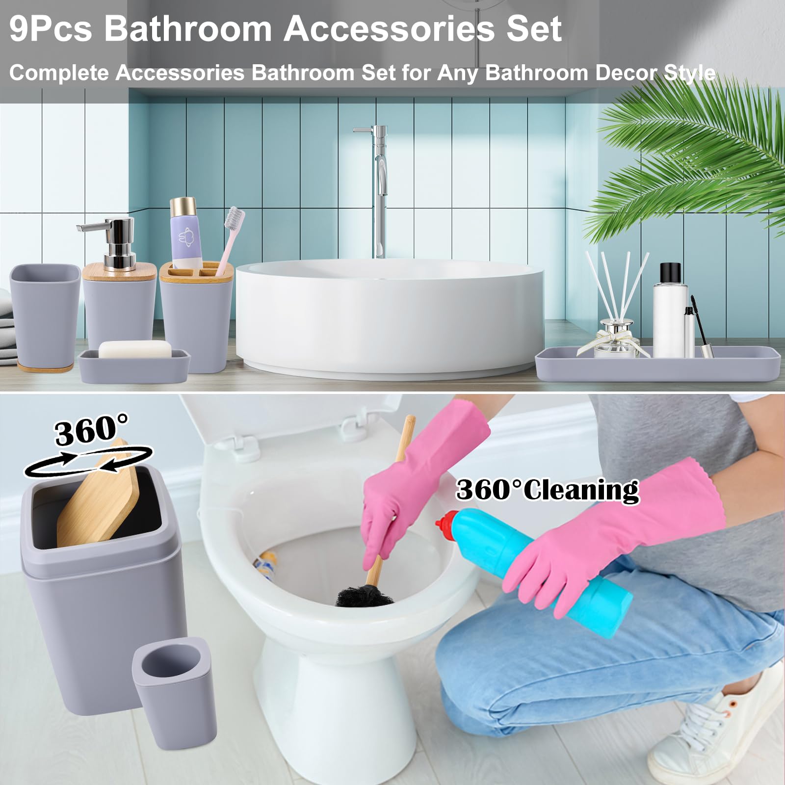 Grey Bathroom Accessories Set With Trash Can 9 Piece Grey Bathroom Decor Toothbrush Holder,Toothbrush Cup,Lotion Soap Dispenser,