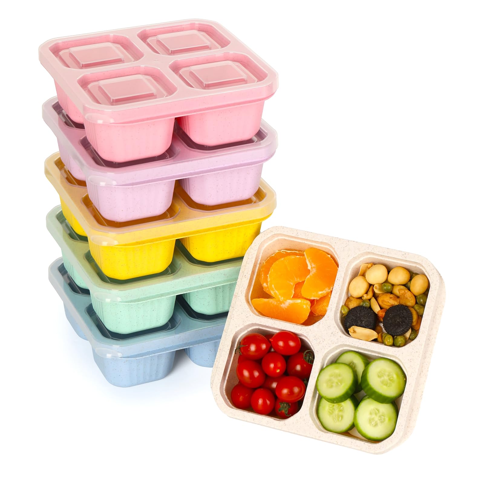 6 Pack Snack Containers, 4 Compartment Divided Snack Container For Kids, Bento Snack Box For Adults, Reusable Meal Prep Lunch Co