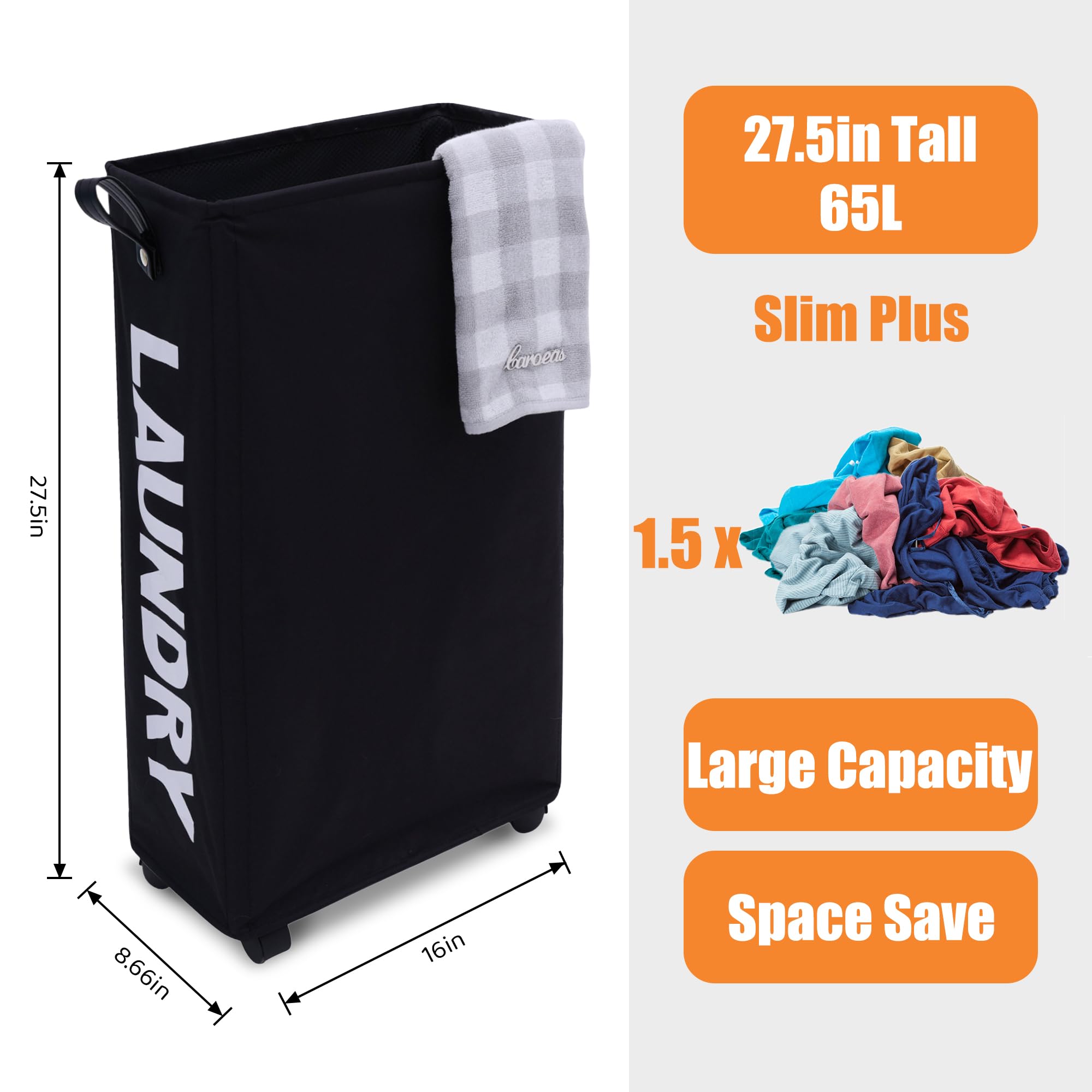 Caroeas X-Large Slim Laundry Baskets 27.5 Tall With Leather Handle (7 Colors), Laundry Basket On Wheels, Collapsible Laundry Ham