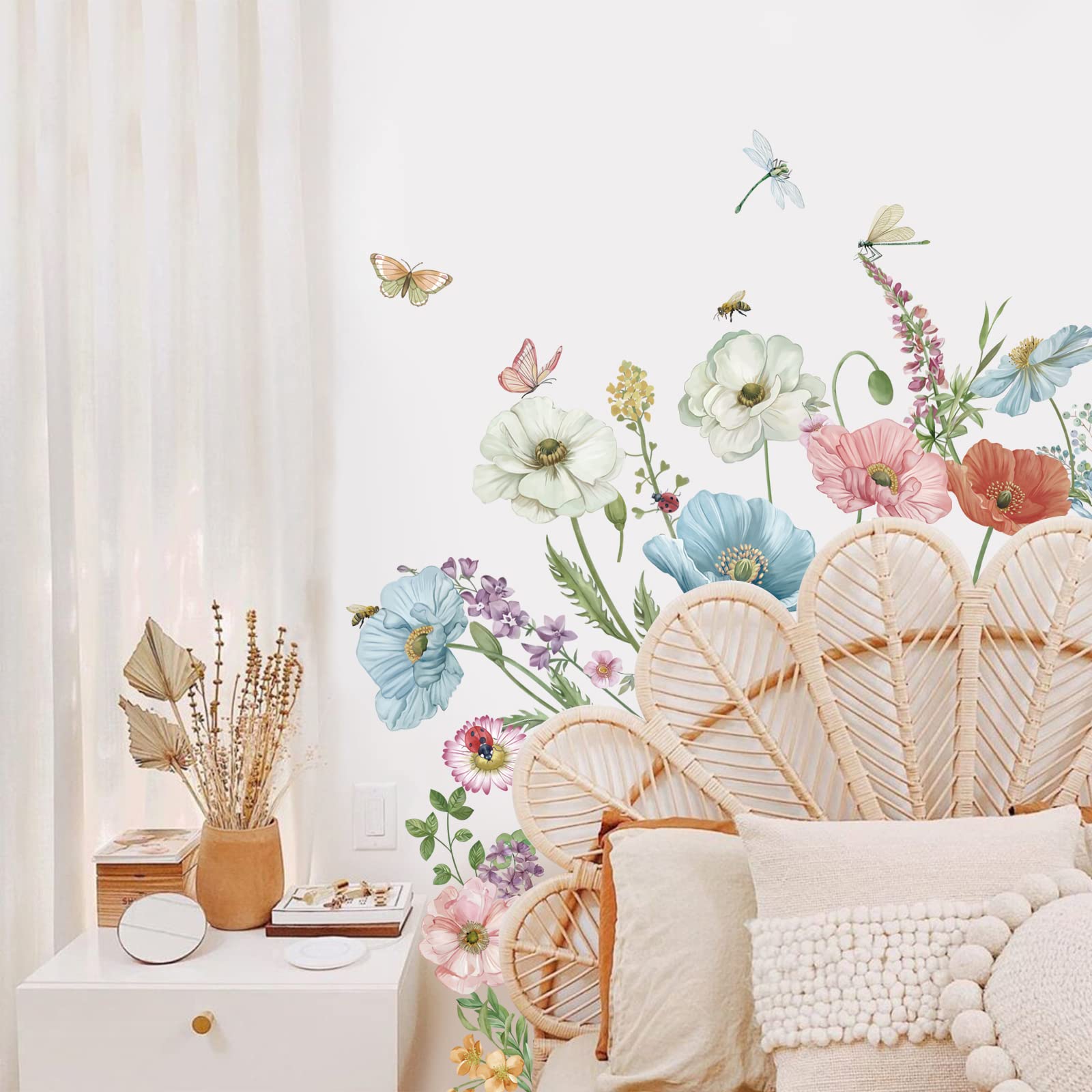 Wondever Watercolor Poppy Floral Wall Stickers Garden Flower Peel And Stick Wall Art Decals For Bedroom Living Room Tv Wall