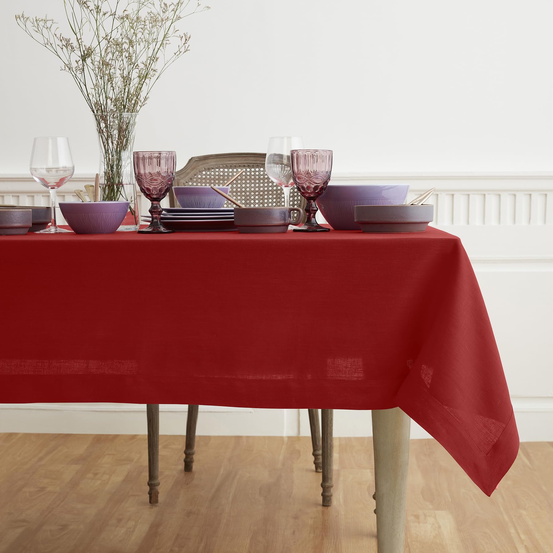 Solino Home Red Linen Tablecloth 102'' L X 60'' W Inch - Fete, 100% Pure Linen Table Cloth For Rectangle Tables - Machine Washab