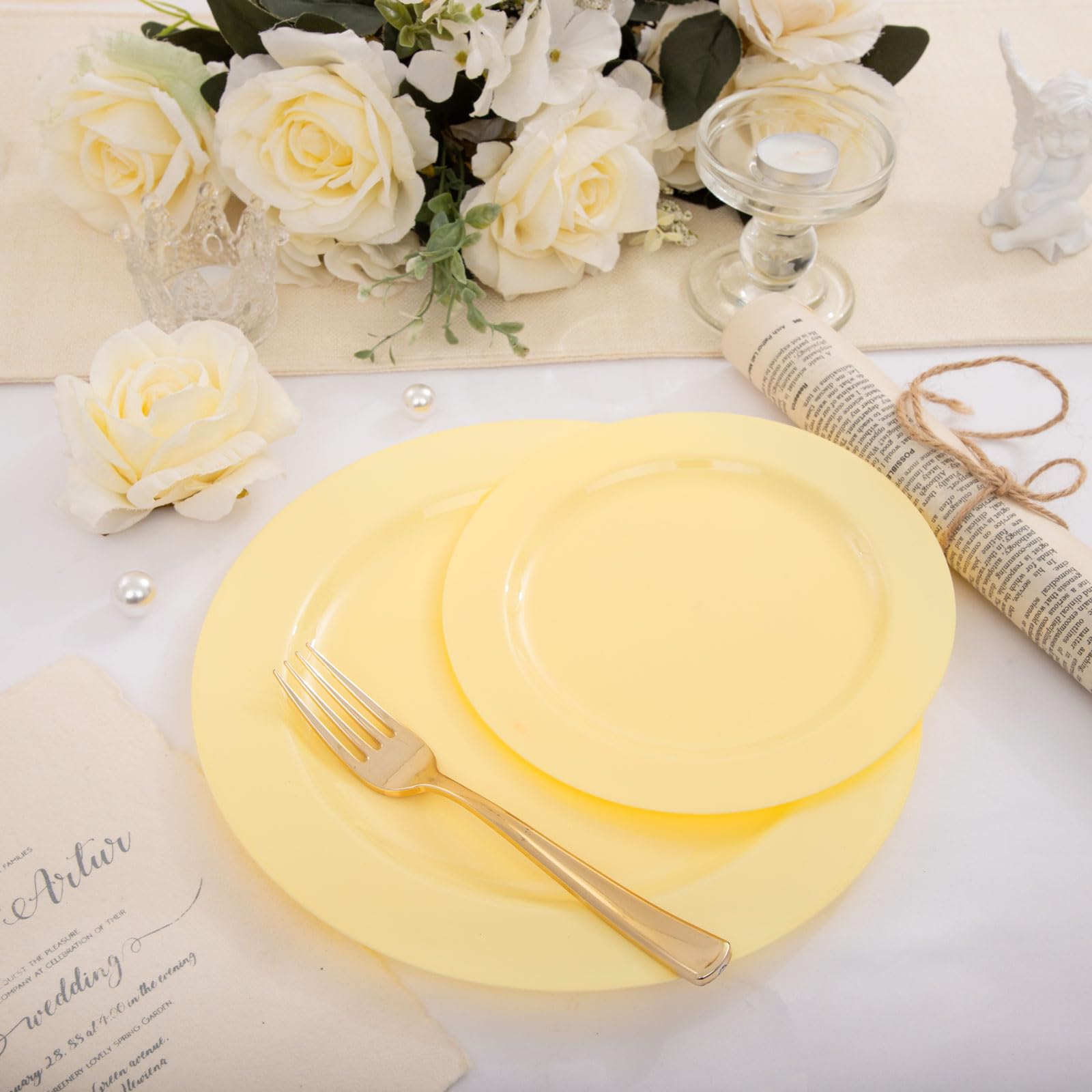 FLOWERCAT 60PCS Yellow Plates - Heavy Duty Yellow Plastic Plates Disposable for Party/Wedding - Include 30PCS 10.25inch Yellow Dinner Plates and 30PCS 7.5inch Yellow Dessert/Salad Plates