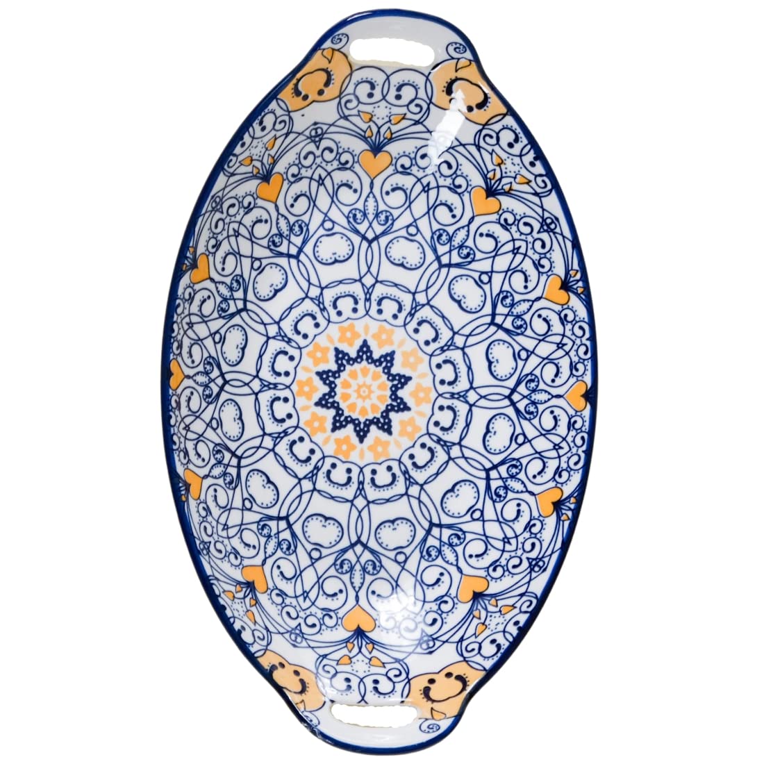 Nestasia Dark Blue Mandala Ceramic Long Dish with Handles for Serving Snacks, Appetizers, Salads, and Noodles| Microwave Safe, D