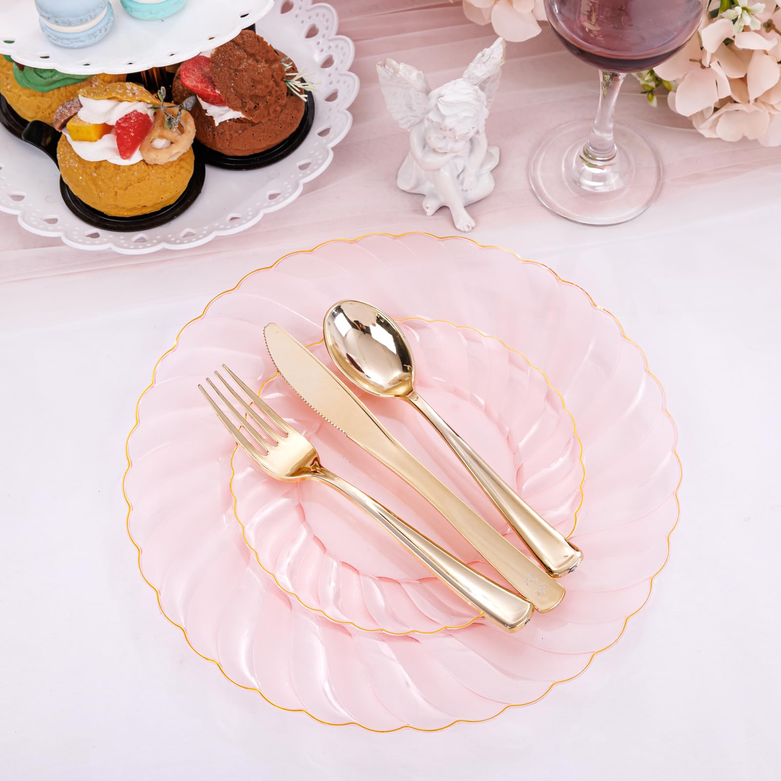 Youbet 125Pieces Clear Pink Plastic Plates With Gold Rim-Gold Plastic Silverware Include 25 Dinner Plates 25 Dessert Plates 75 G