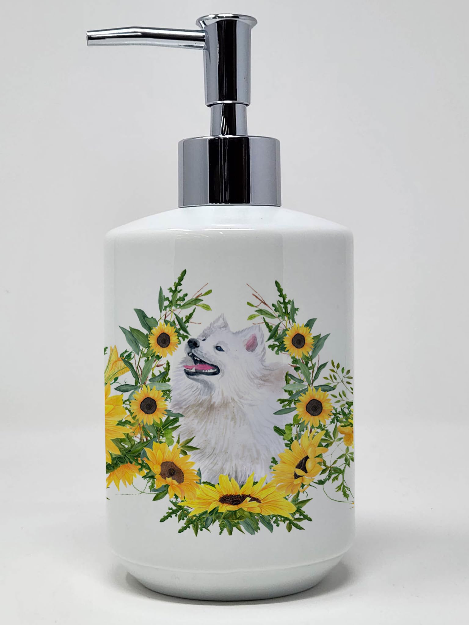 Caroline'S Treasures Ck2883Soap Samoyed In Sunflowers Ceramic Soap Dispenser Hand Soap Dispenser Pump Bottles For Bathroom Kitch