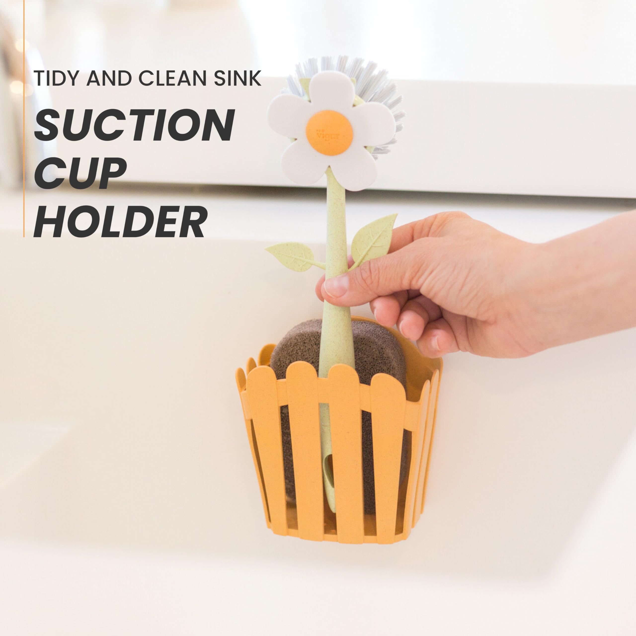 Vigar Florganic 3-In-1 Kitchen Sink Caddy Set, Flower-Shaped Dish Brush, Sponge, Fence-Shaped Holder And Suction Cup, Ideal Sink