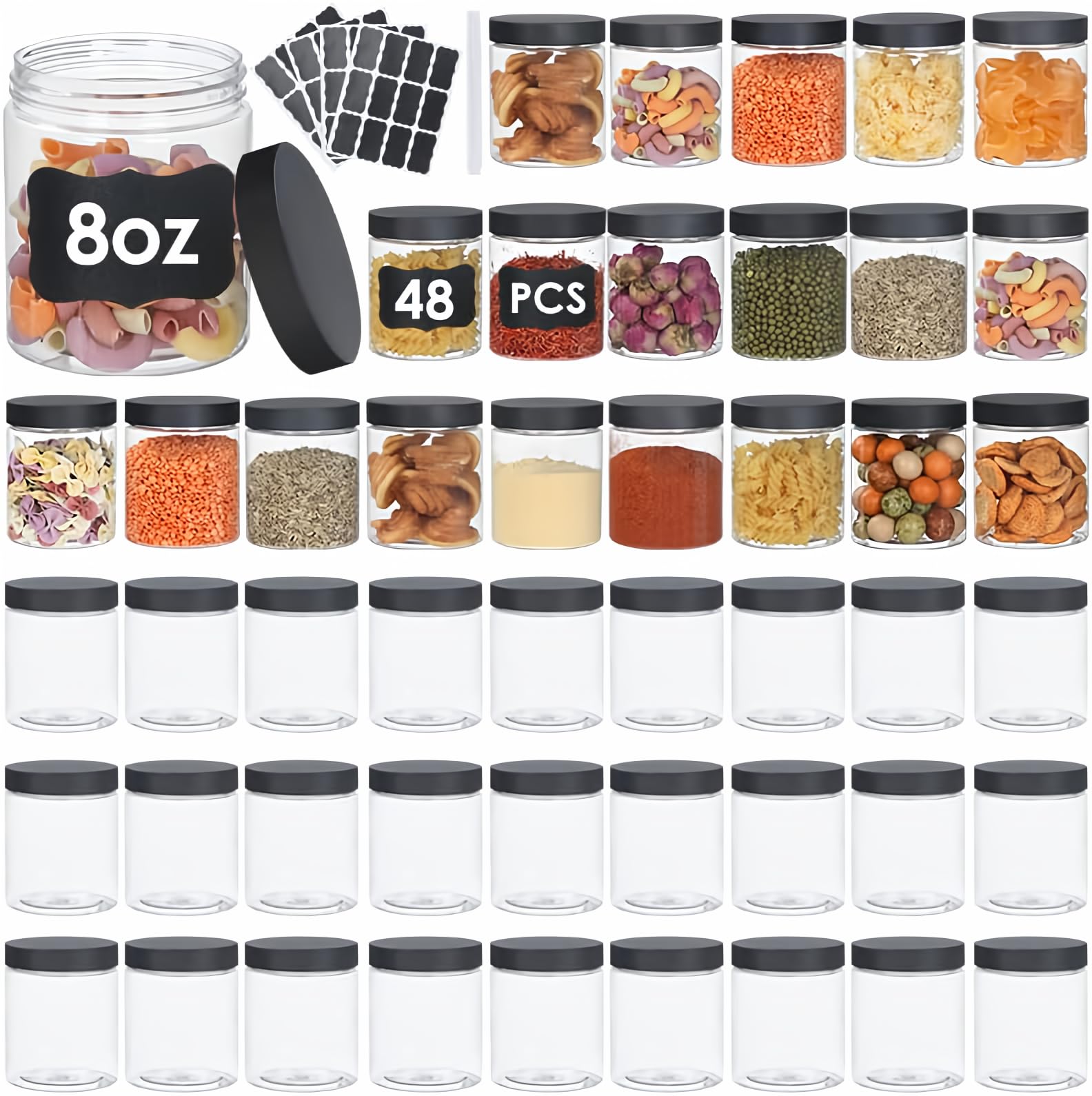 Jars With Lids, 48Pcs 8 Oz Plastic Containers With Lids Pen Labels Leak Proof Bpa Free Airtight Refillable Clear Small Container