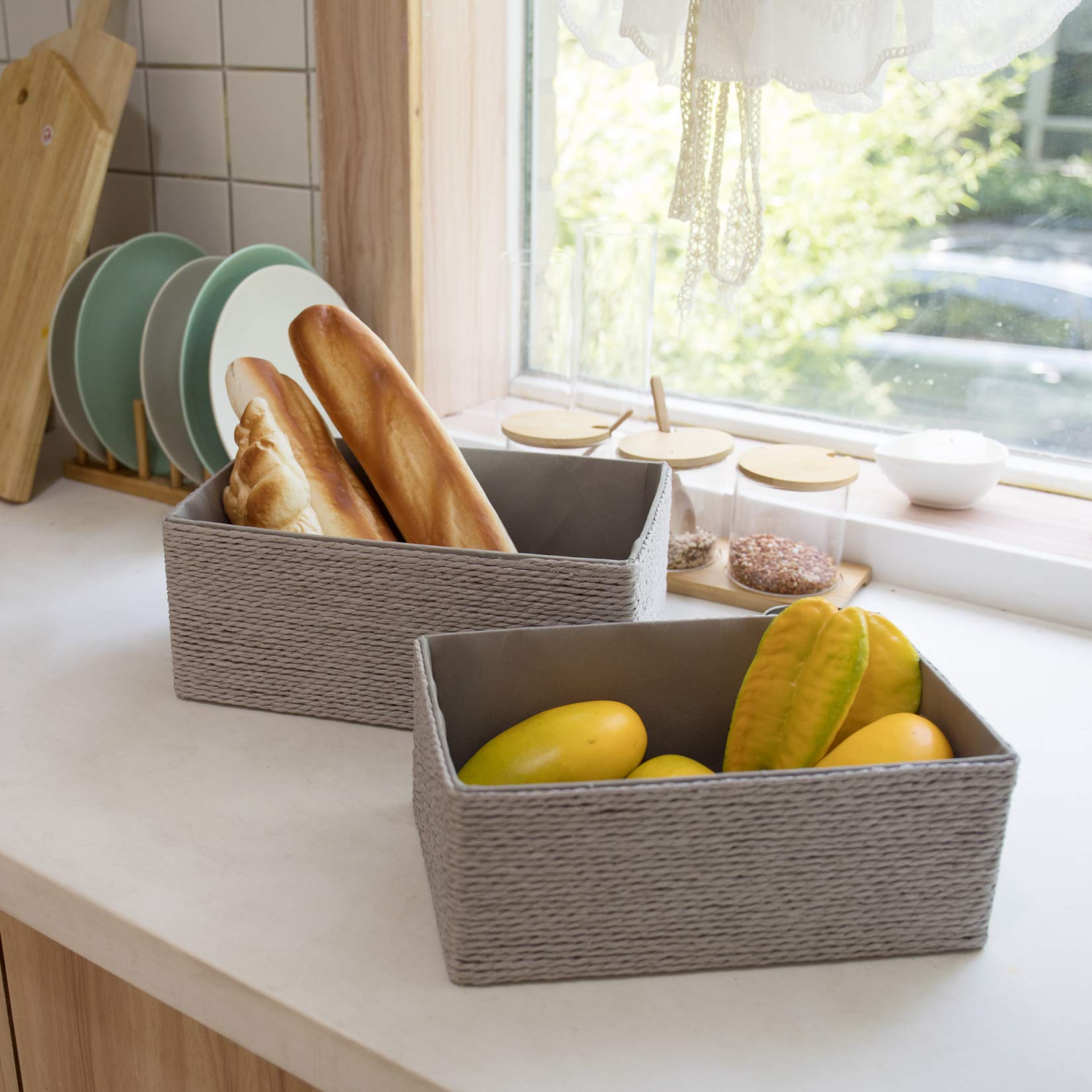 LA JOLIE MUSE Storage Baskets Set 4 - Stackable Woven Basket Paper Rope Bin  Storage Boxes for Makeup closet Bathroom Bedroom (gray)
