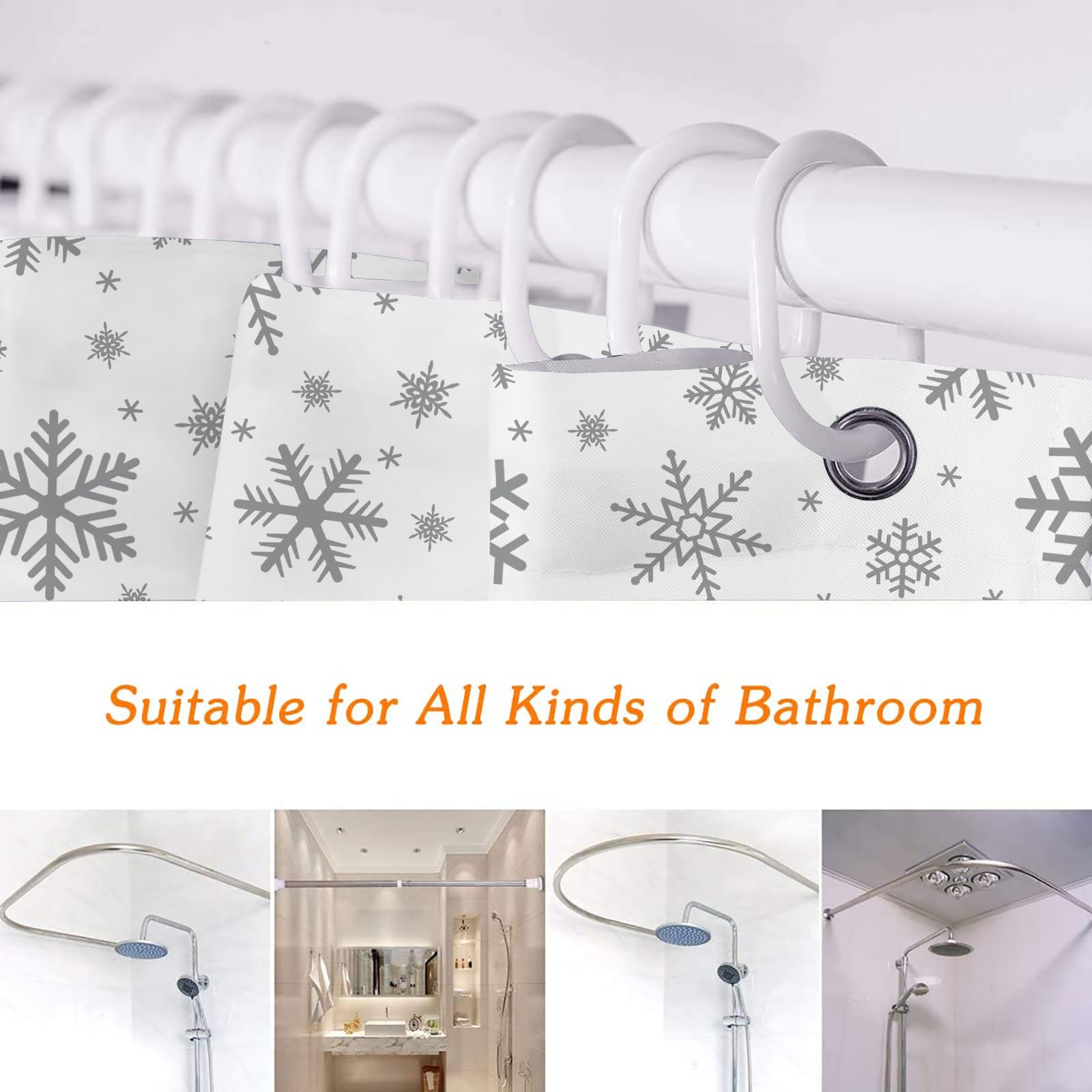 Spxubz Grey Snowflake Shower Curtain Christmas Winter Holiday Shower Curtains White Waterproof Bathroom Decor Polyester Fabric C