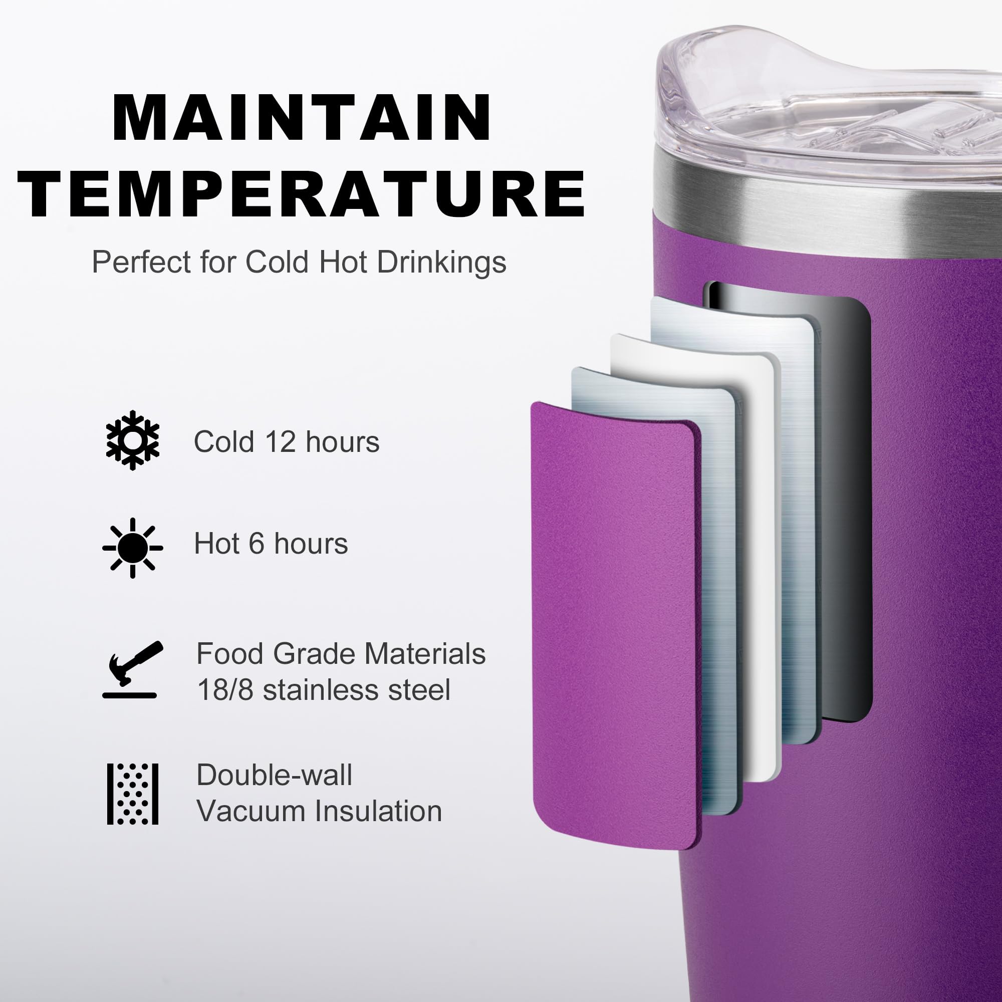 Koodee Travel Coffee Mug With Lid, 20 Oz Insulated Coffee Mug Stainless Steel Double Wall Camping Coffee Cup, Spill Proof (Purpl