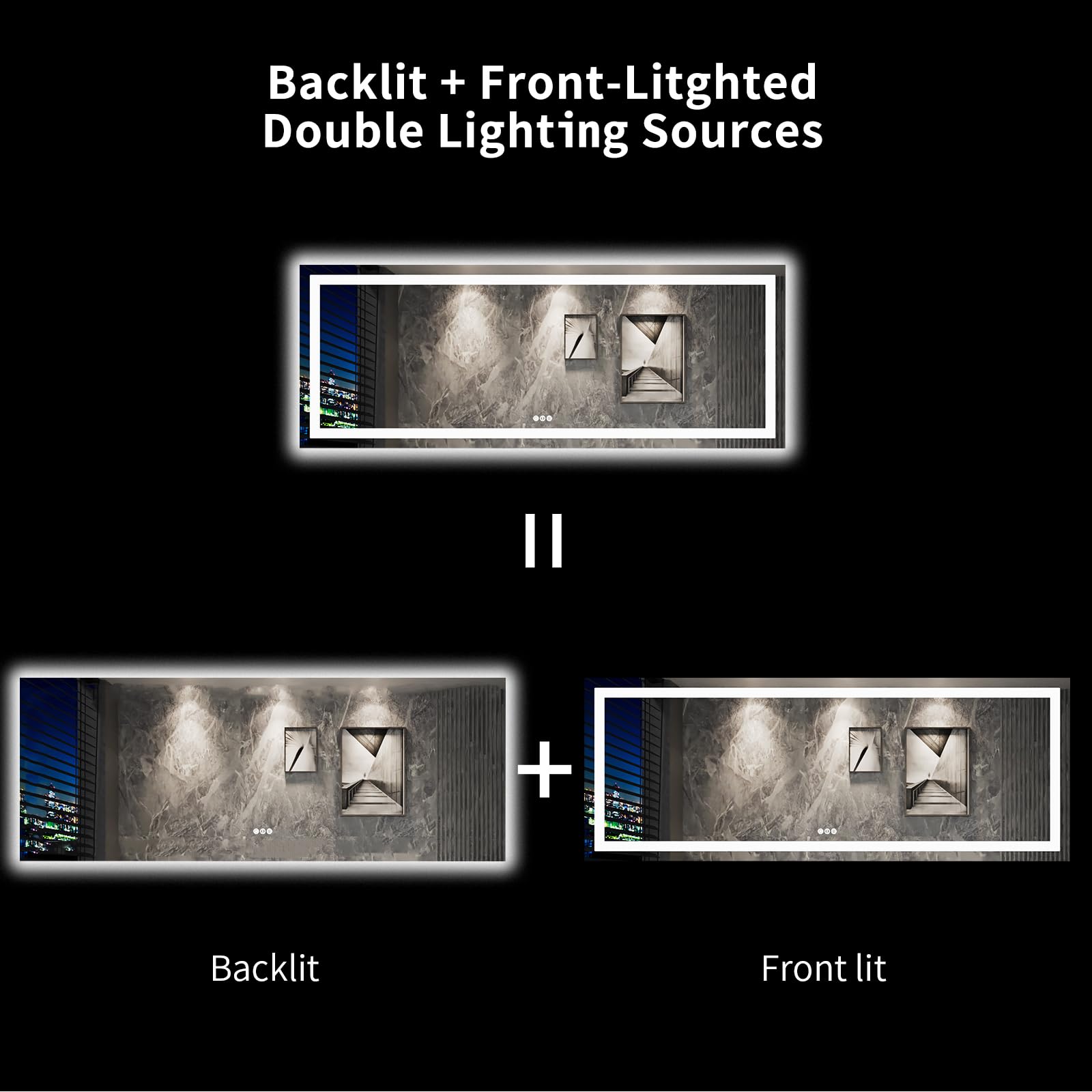 LOAAO 96X36 LED Bathroom Mirror with Lights  Anti-Fog  Dimmable  Backlit + Front Lit  Lighted Bathroom Vanity Mirror for Wall  Memory Function  Tempered Glass  Shatter-Proof  ETL Listed