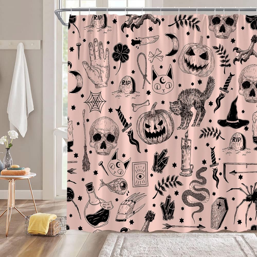 Spooky Halloween Shower Curtain Black Scary Cat Pumpkin Witchy Hand Moon Skull Candle Vintage Gothic Vintage Holiday Pink Fabric