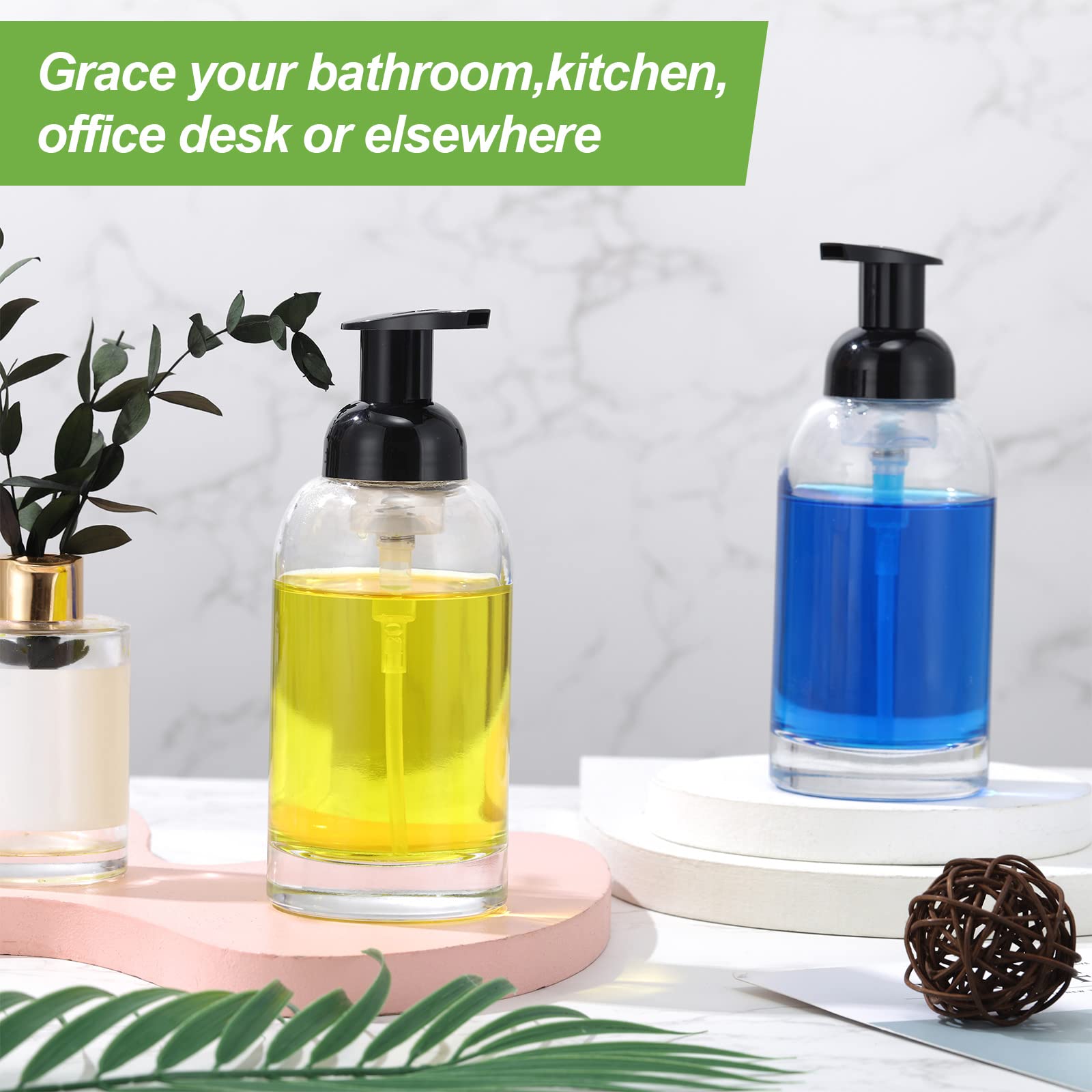 Eccliy 4 Pack 13 Oz Clear Glass Jar Soap Dispenser With Foaming Pump, Clear Thick Hand Liquid Dish Soap Dispenser Round Bottles