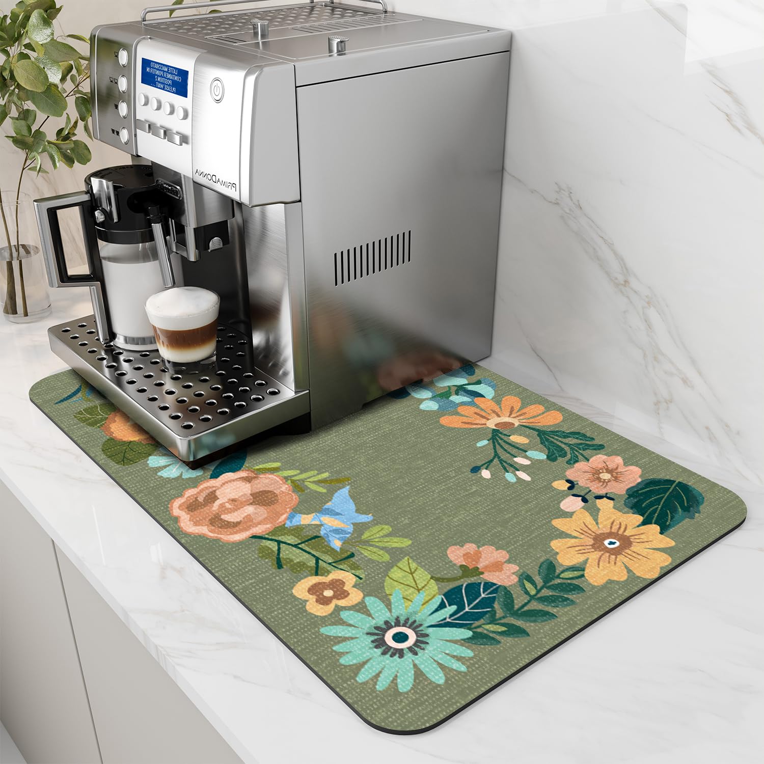 AMOAMI Coffee Mat Hide Stain Rubber Backed Absorbent Dish Drying Mat for Kitchen Counter - Fits Under Coffee Maker - Floral GREE